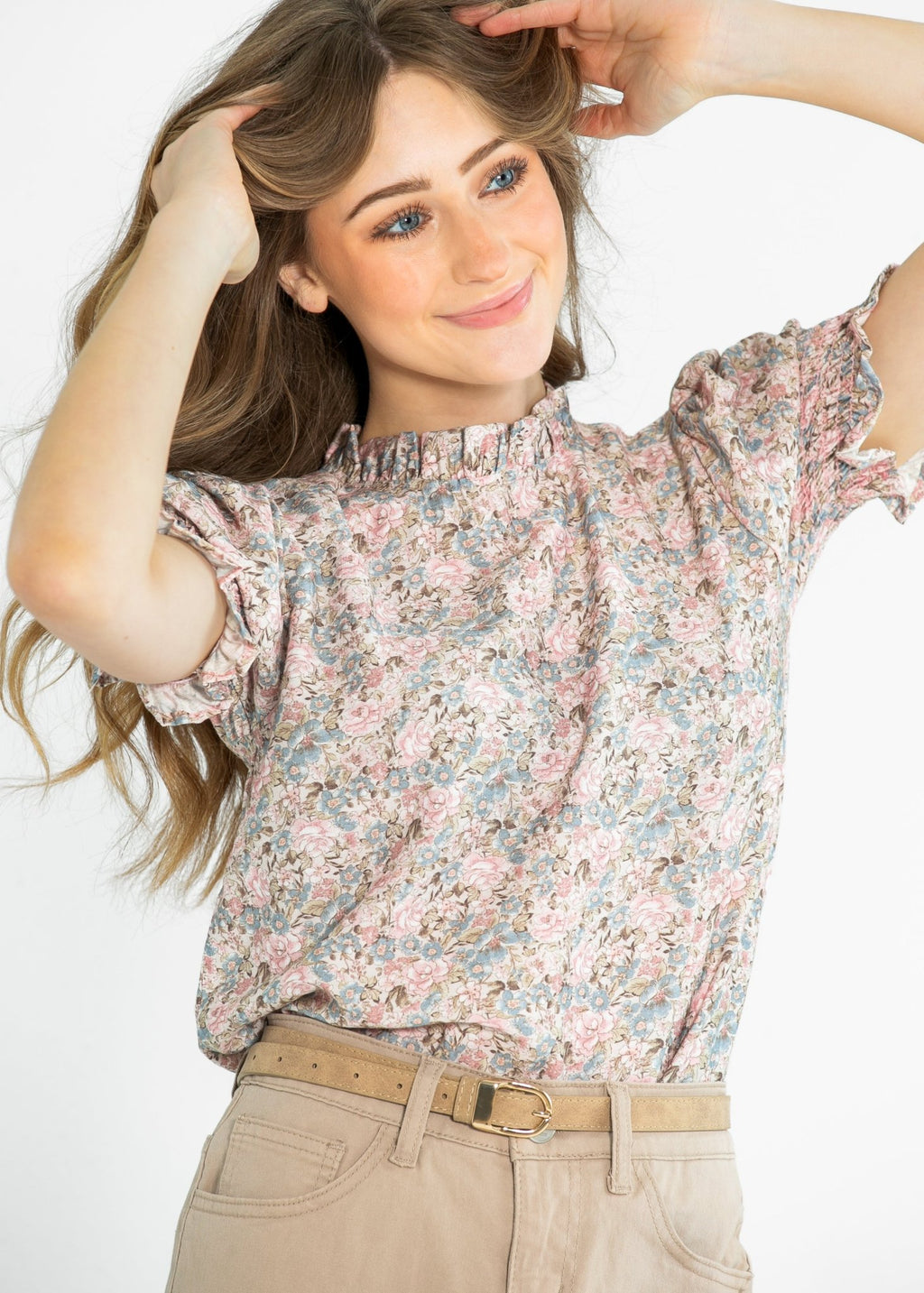 Clara Floral Ruffle Mockneck Short Sleeve Top - Two & Gathered