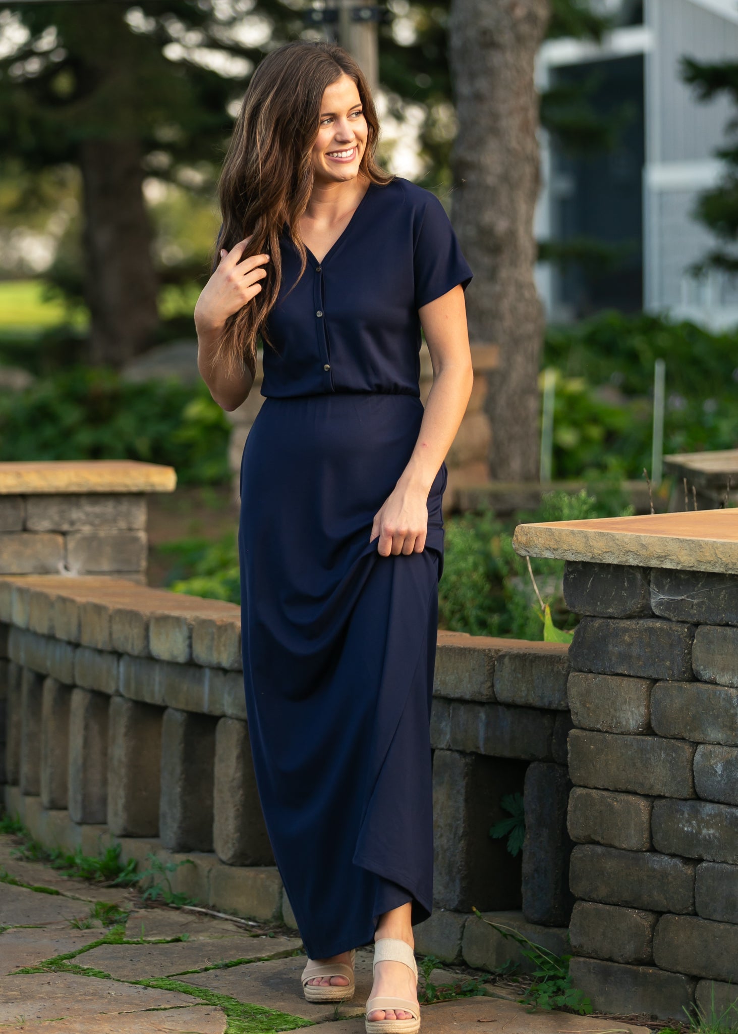 Ella Navy Cinched Waist Maxi Dress - Two & Gathered