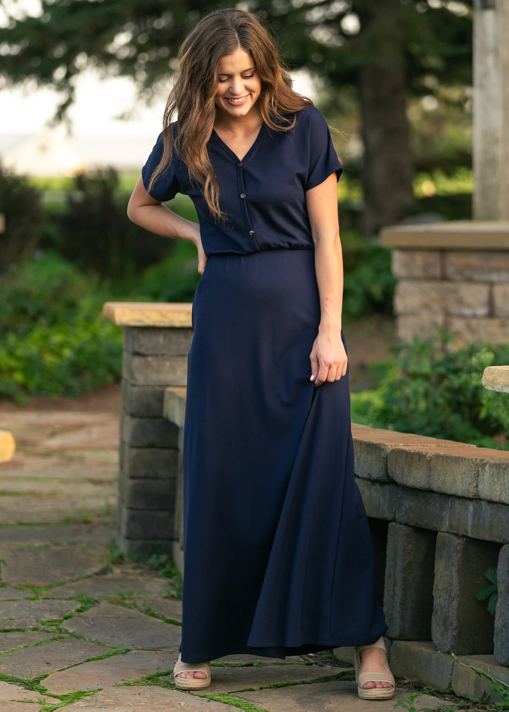 Ella Navy Cinched Waist Maxi Dress - Two & Gathered
