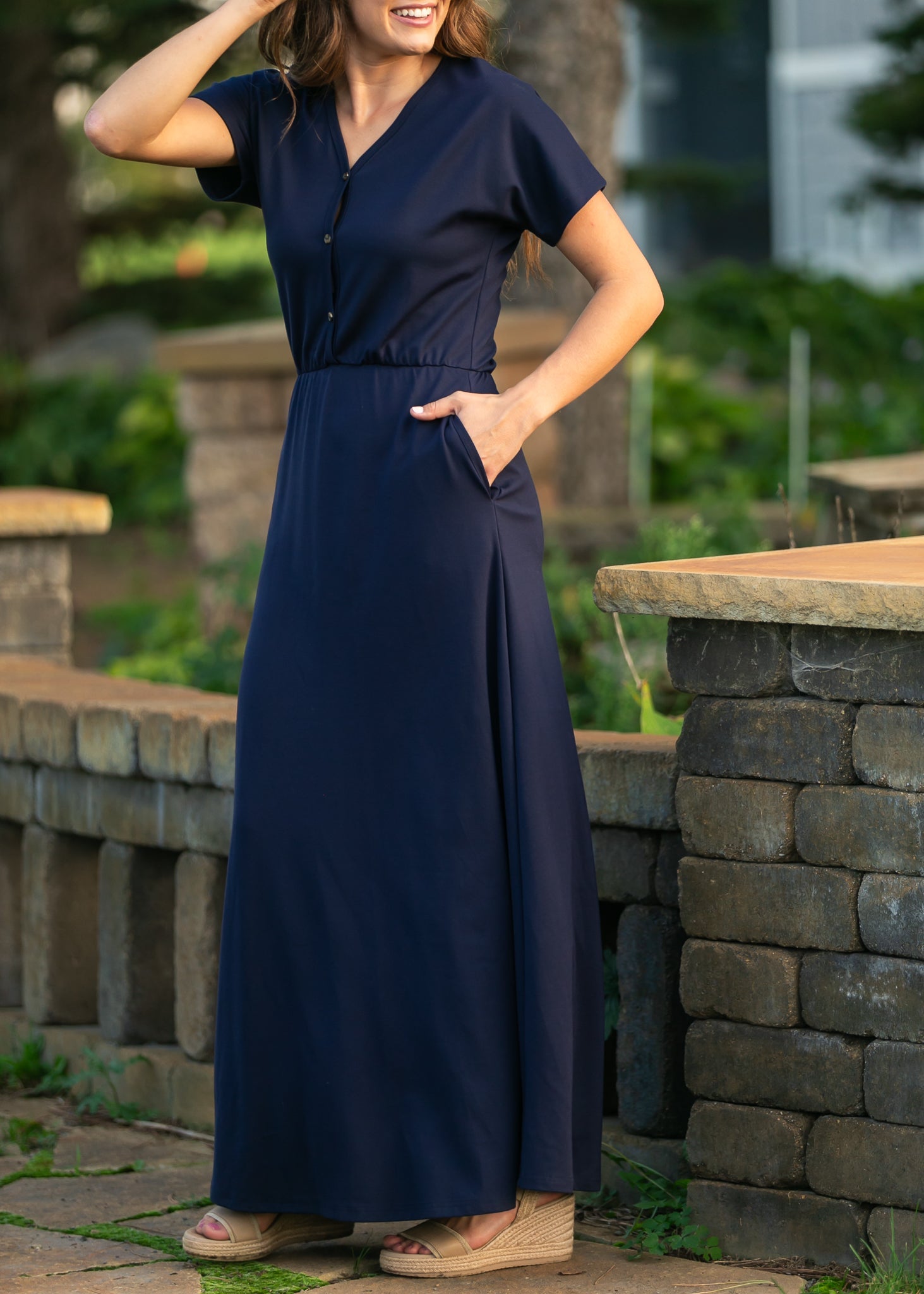 Ella Navy Cinched Waist Maxi Dress - Two & Gathered