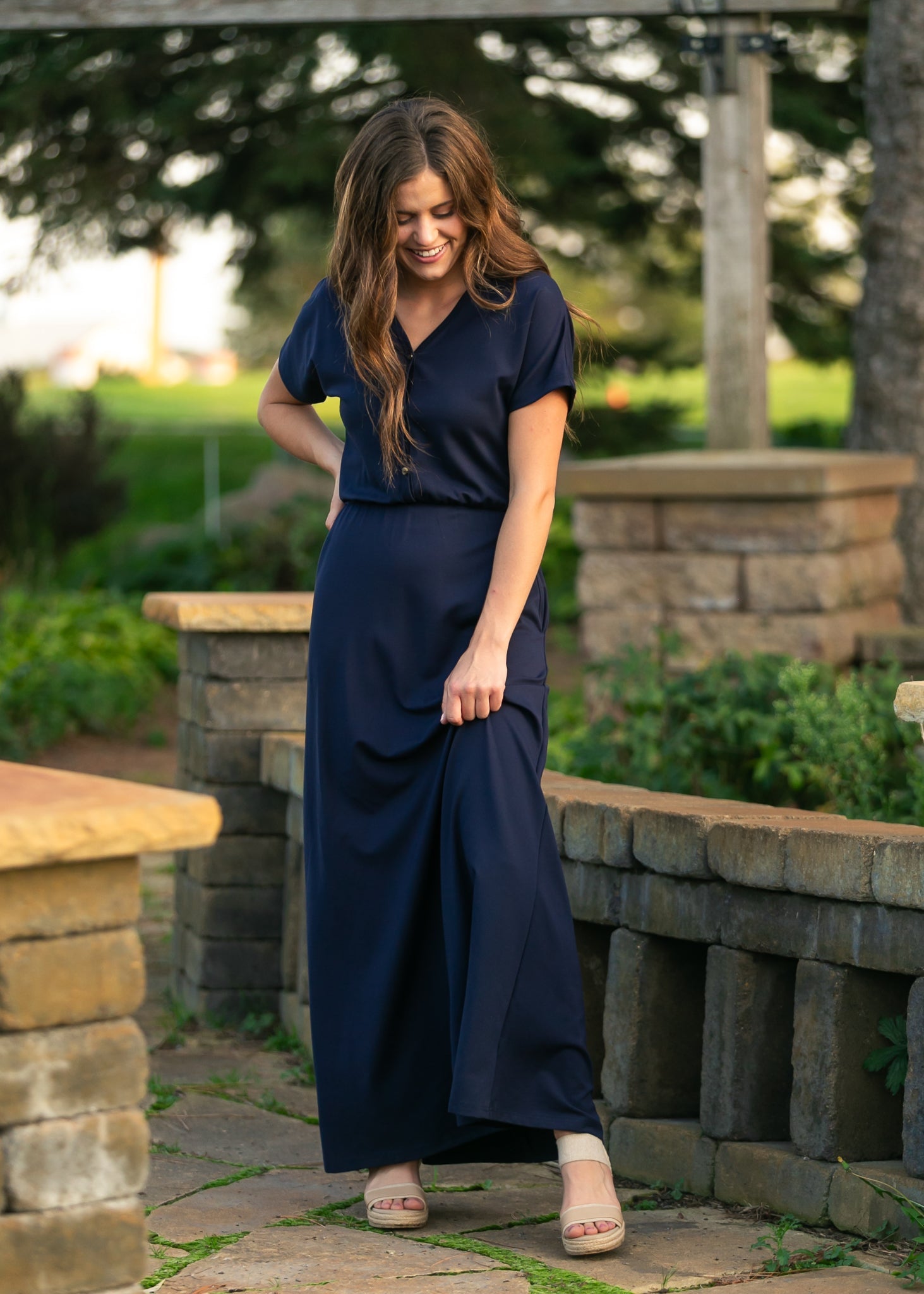 Ella Navy Cinched Waist Maxi Dress - Two & Gathered
