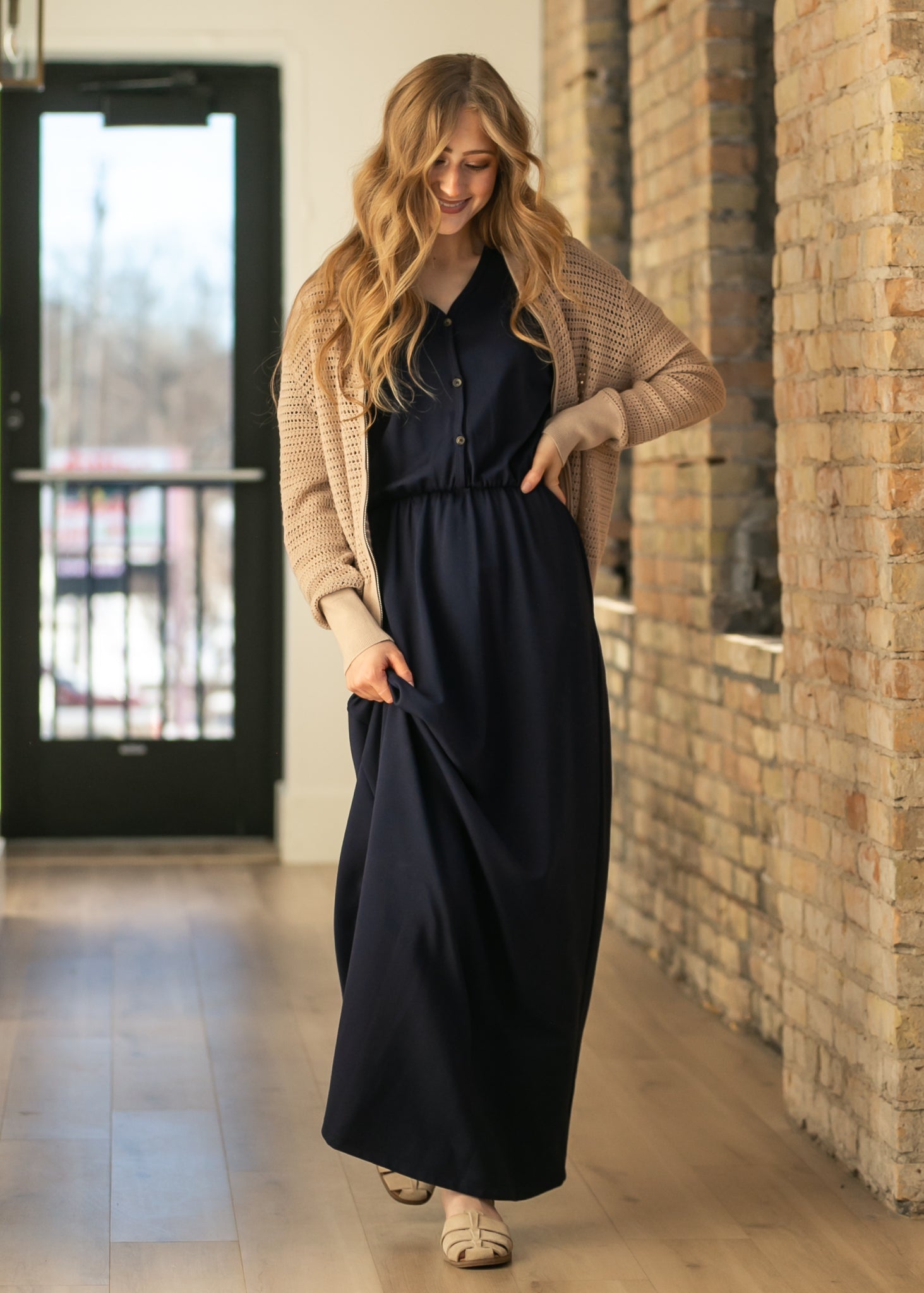 Ella Navy Cinched Waist Maxi Dress - Two & Gathered