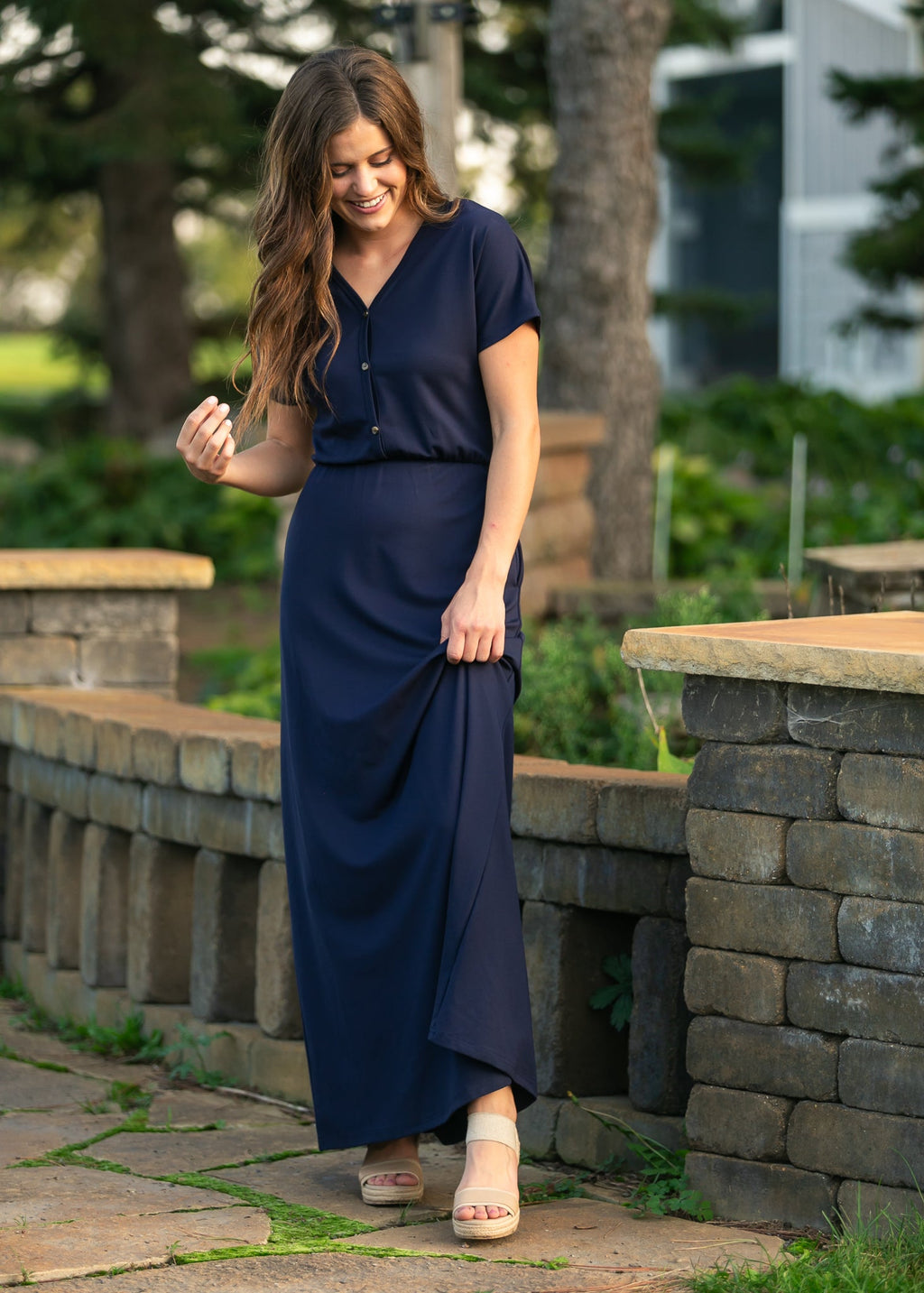 Ella Navy Cinched Waist Maxi Dress - Two & Gathered