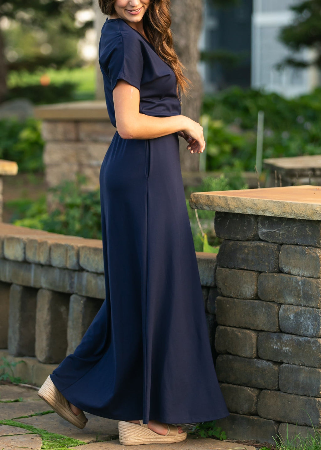 Ella Navy Cinched Waist Maxi Dress - Two & Gathered