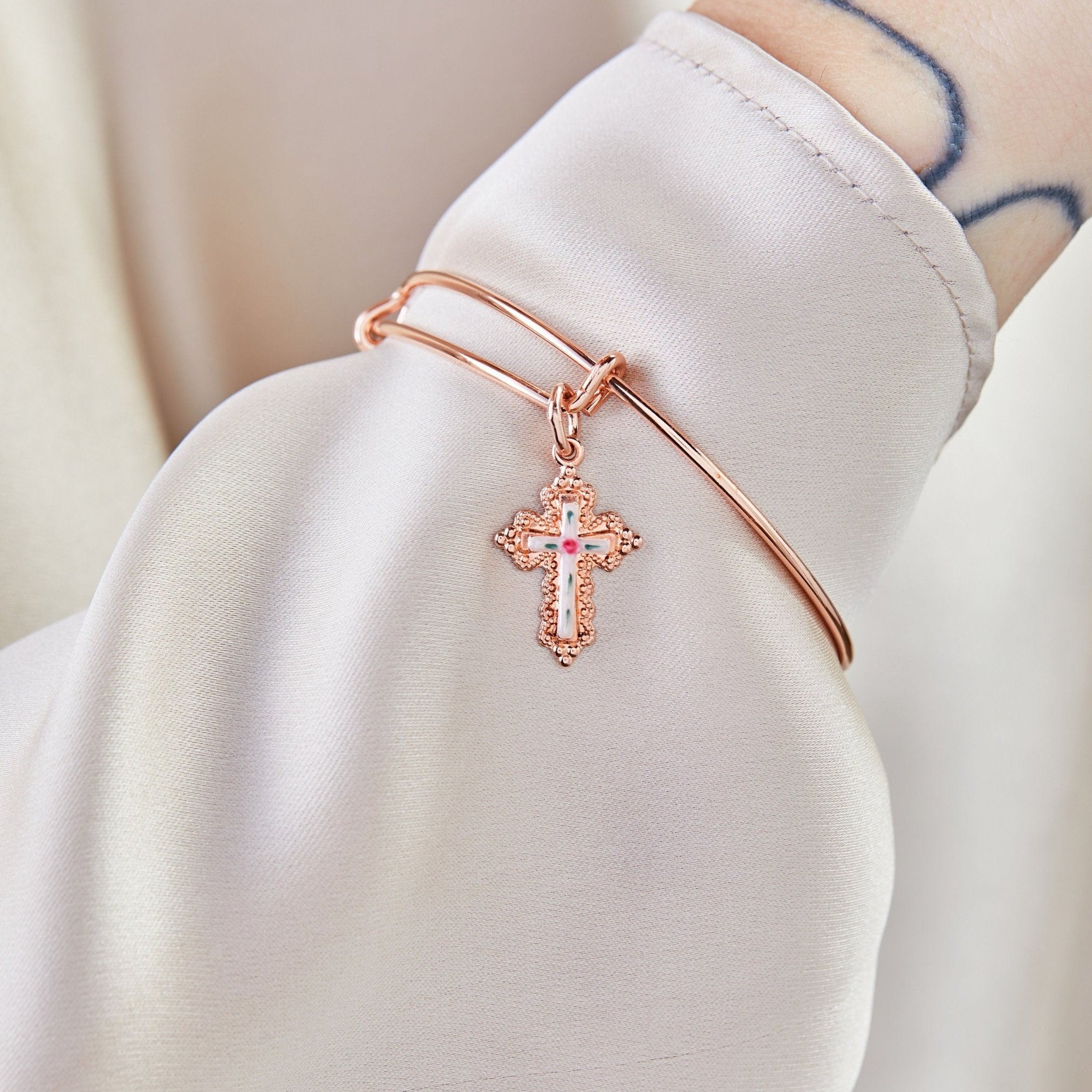 Floral Cross Charm Bangle Bracelet - Two & Gathered
