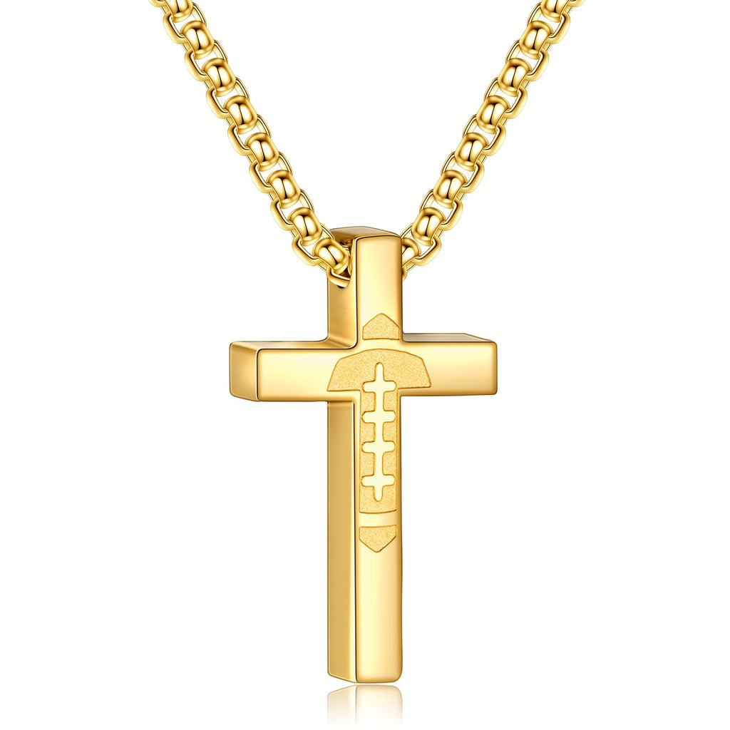 Football Cross Necklace for Boys Stainless Steel Gold Pendant Chain - Two & Gathered