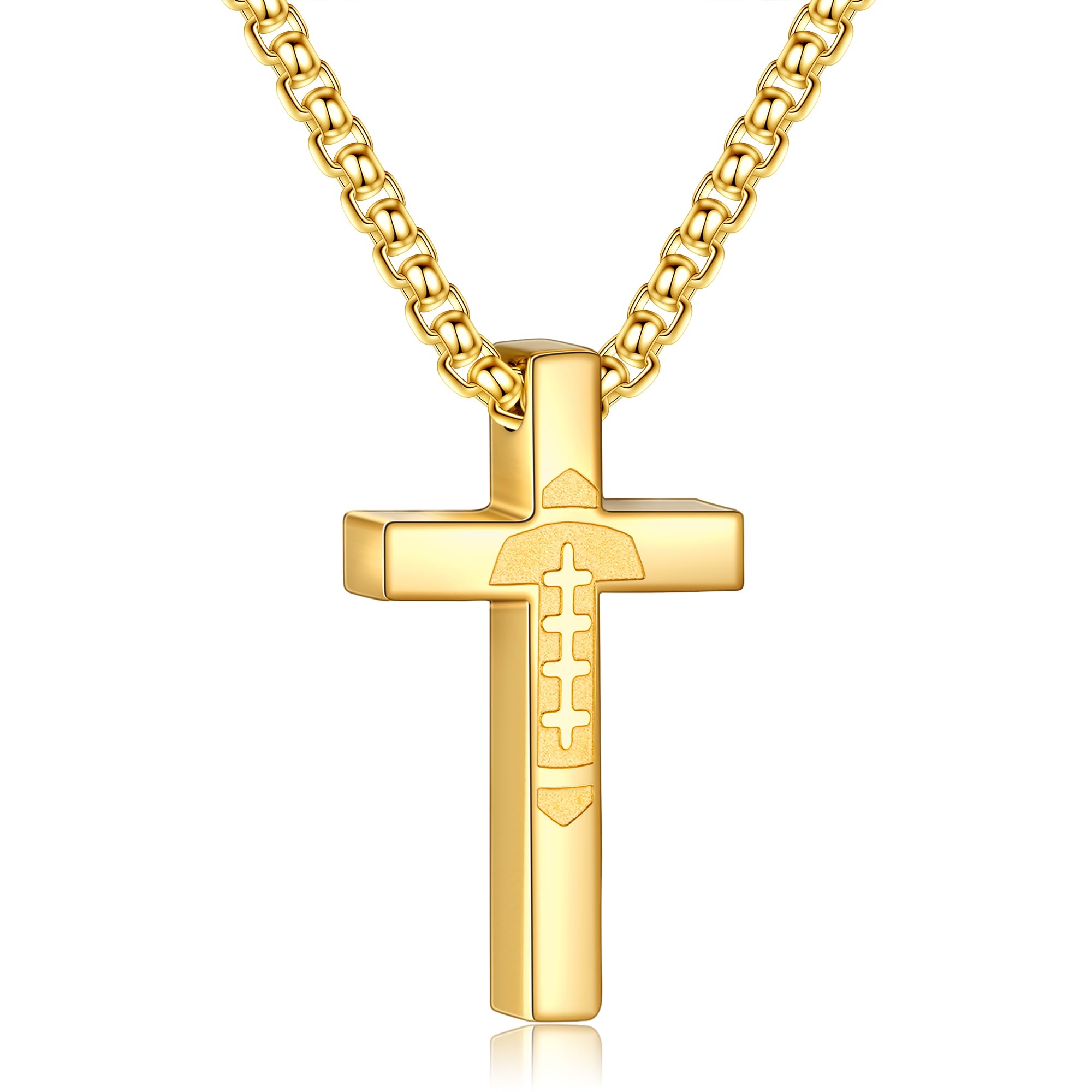 Football Cross Necklace for Boys Stainless Steel Gold Pendant Chain - Two & Gathered