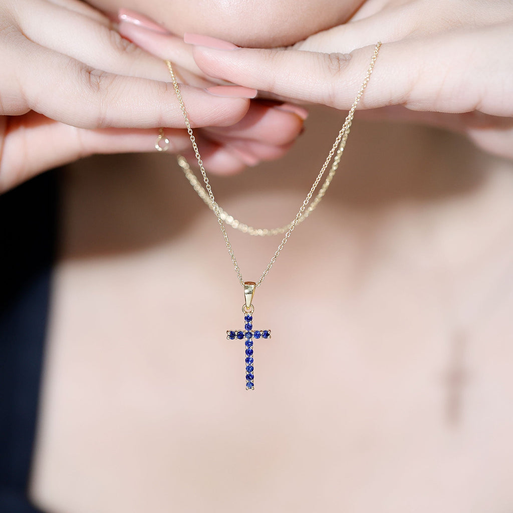 Genuine Blue Sapphire Cross Pendant Necklace with Chain - Two & Gathered