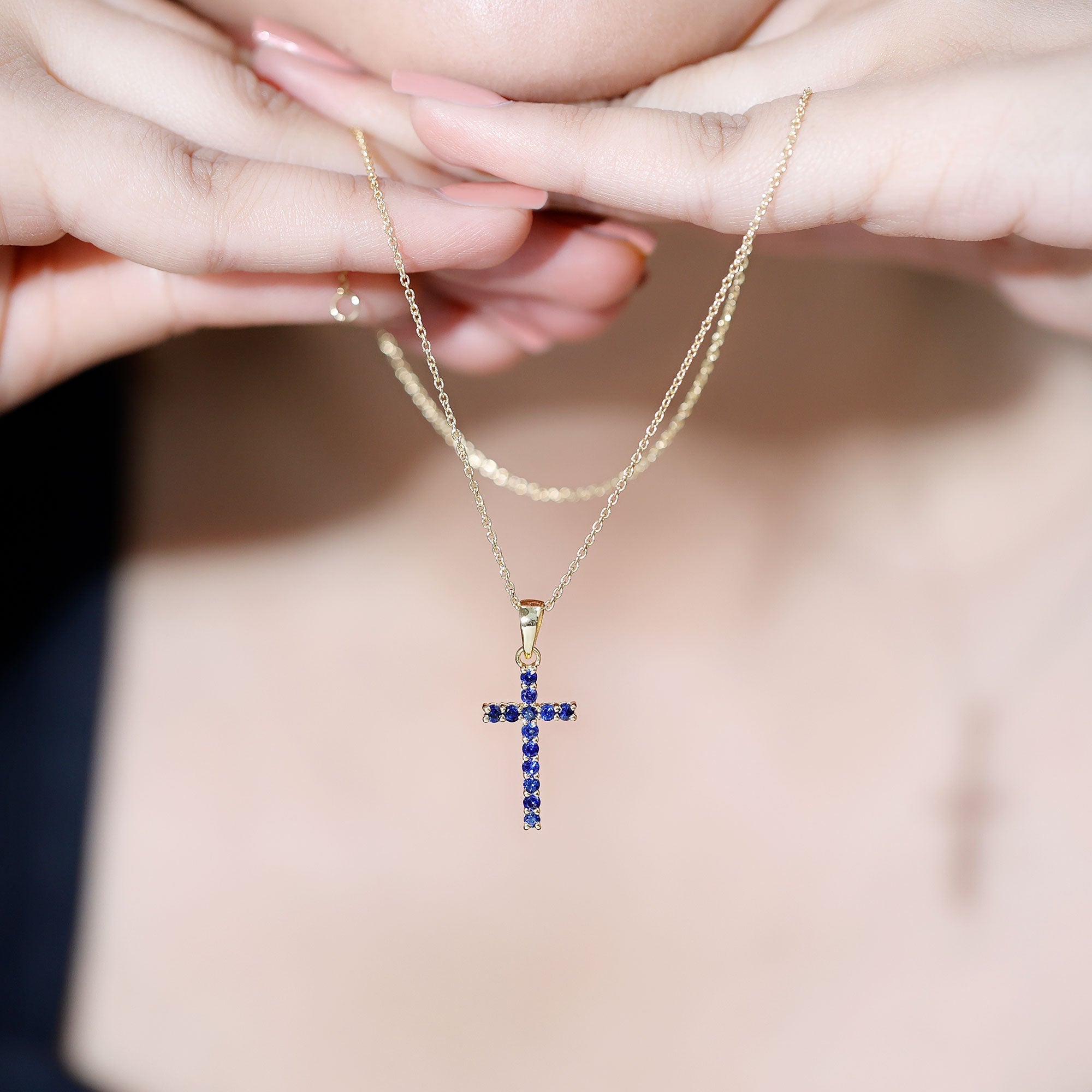 Genuine Blue Sapphire Cross Pendant Necklace with Chain - Two & Gathered