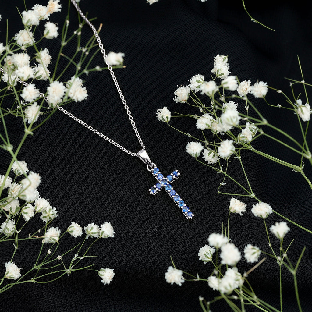 Genuine Blue Sapphire Cross Pendant Necklace with Chain - Two & Gathered