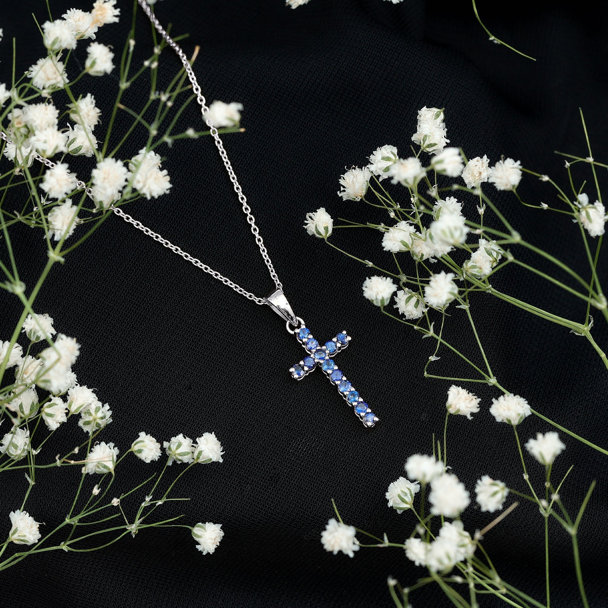 Genuine Blue Sapphire Cross Pendant Necklace with Chain - Two & Gathered