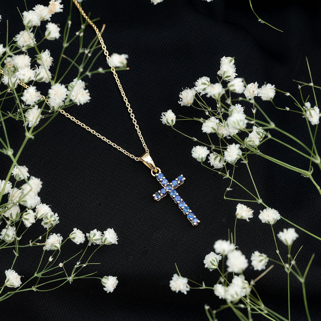 Genuine Blue Sapphire Cross Pendant Necklace with Chain - Two & Gathered