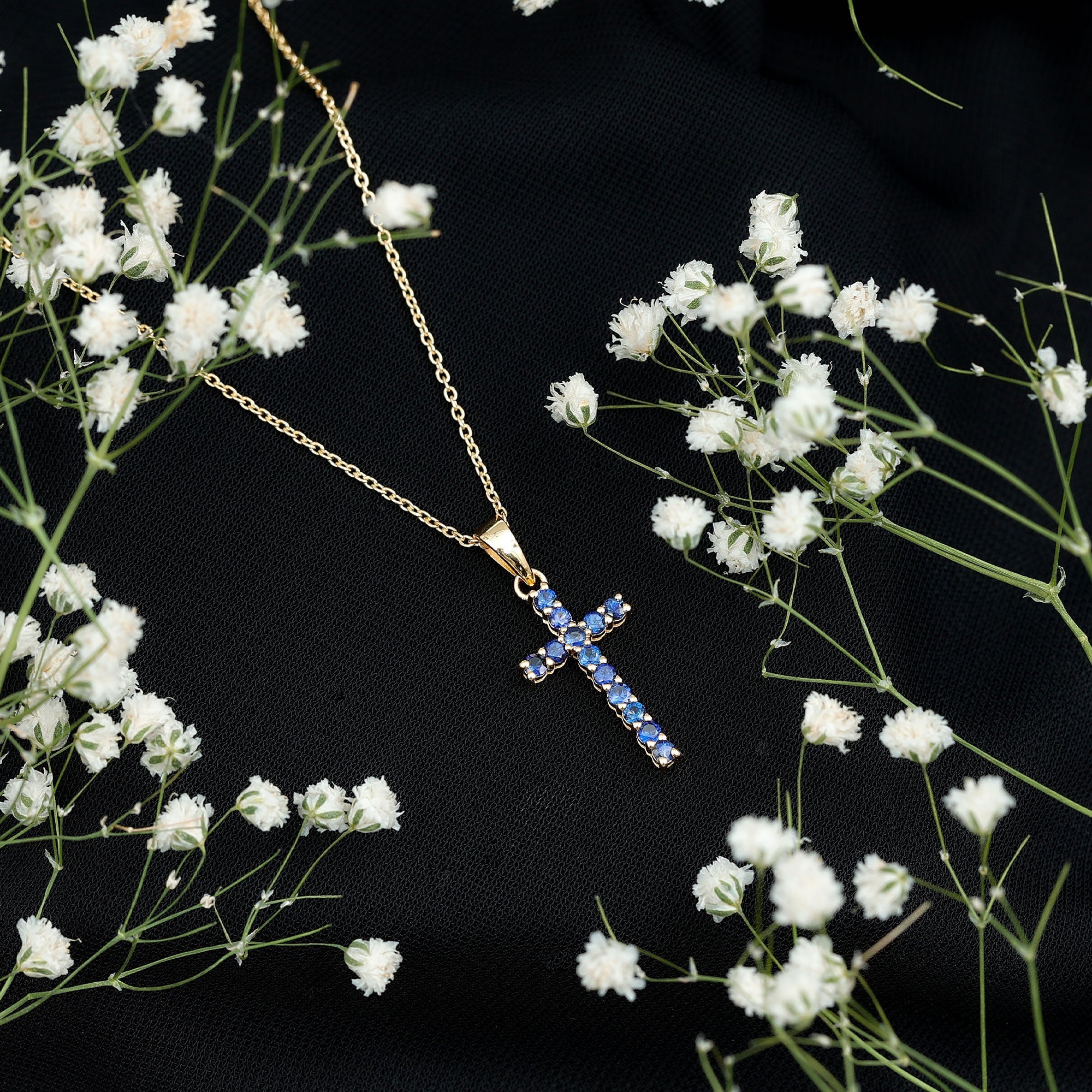 Genuine Blue Sapphire Cross Pendant Necklace with Chain - Two & Gathered