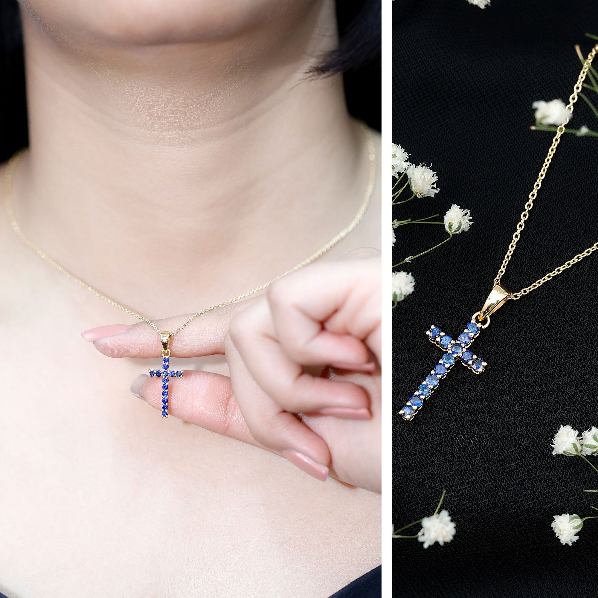 Genuine Blue Sapphire Cross Pendant Necklace with Chain - Two & Gathered