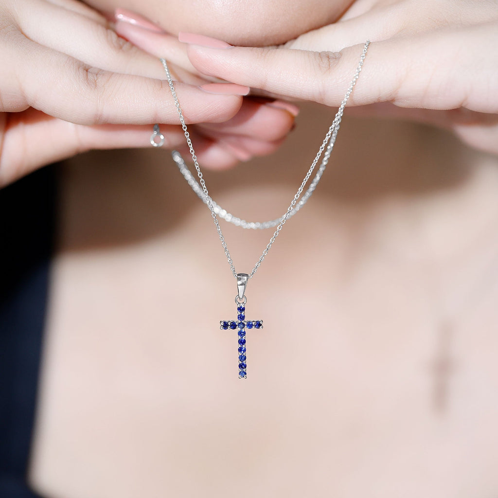 Genuine Blue Sapphire Cross Pendant Necklace with Chain - Two & Gathered