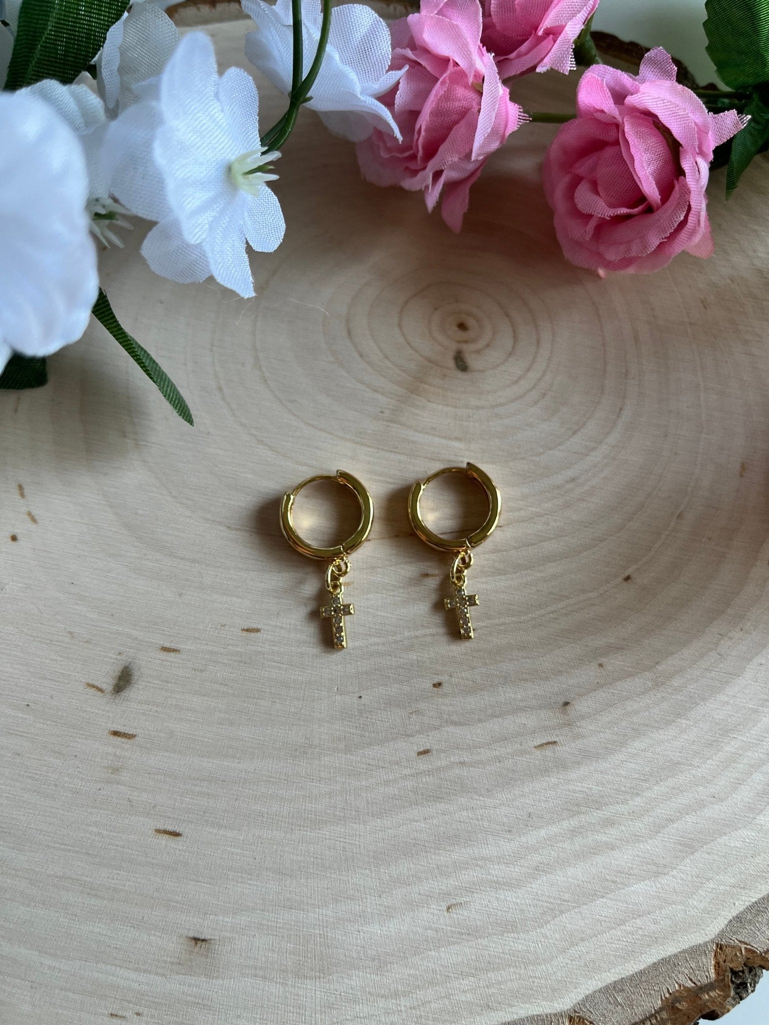 Gold Earrings 18K Cross Christian Jewelry - Two & Gathered