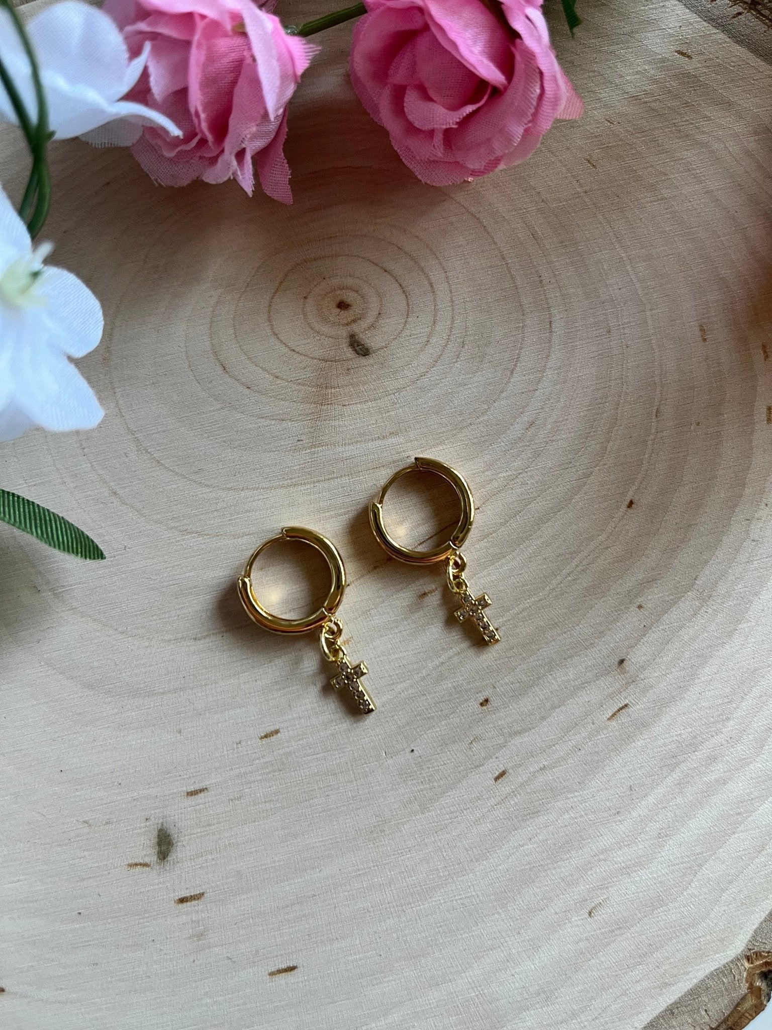 Gold Earrings 18K Cross Christian Jewelry - Two & Gathered