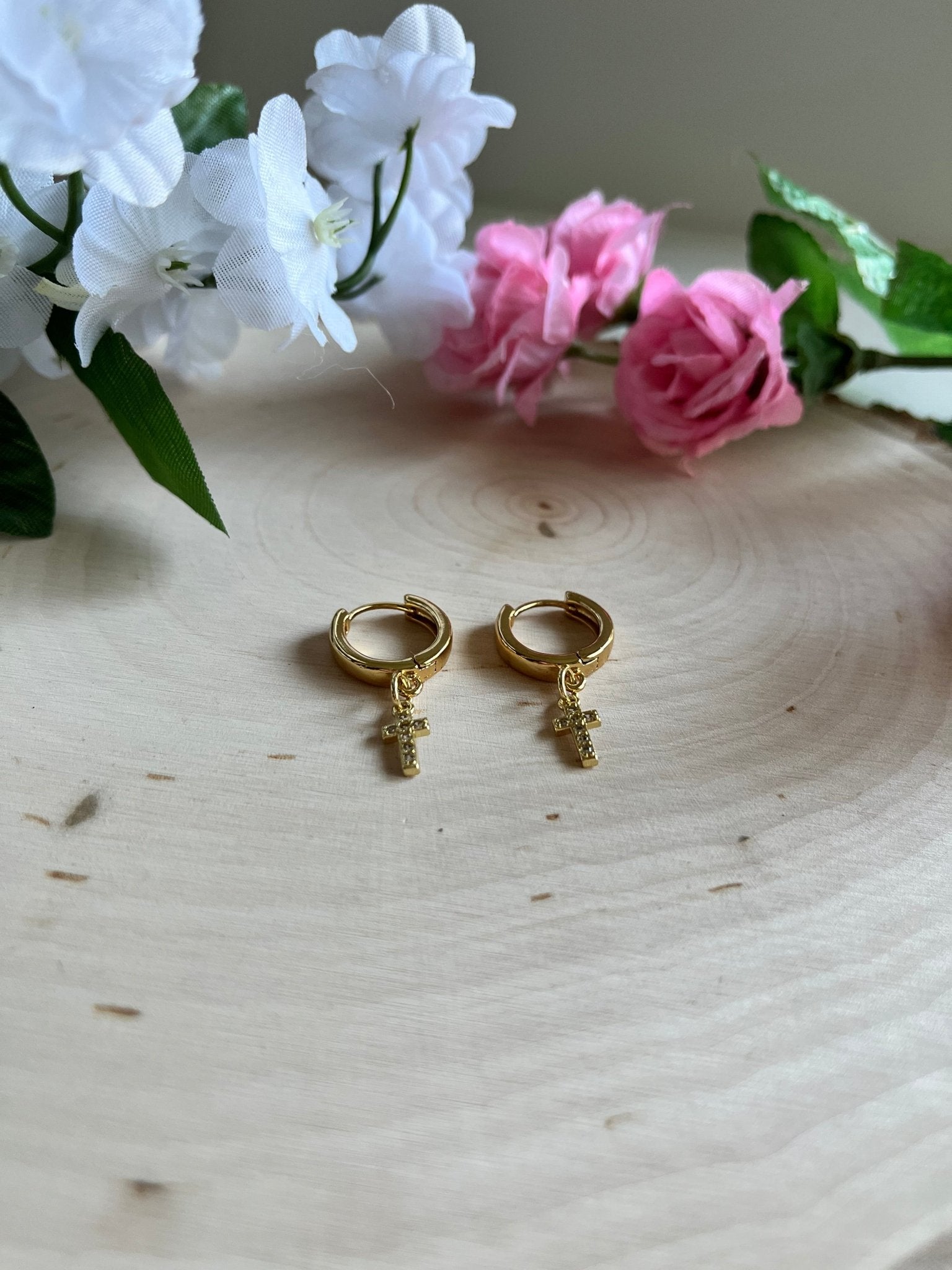 Gold Earrings 18K Cross Christian Jewelry - Two & Gathered