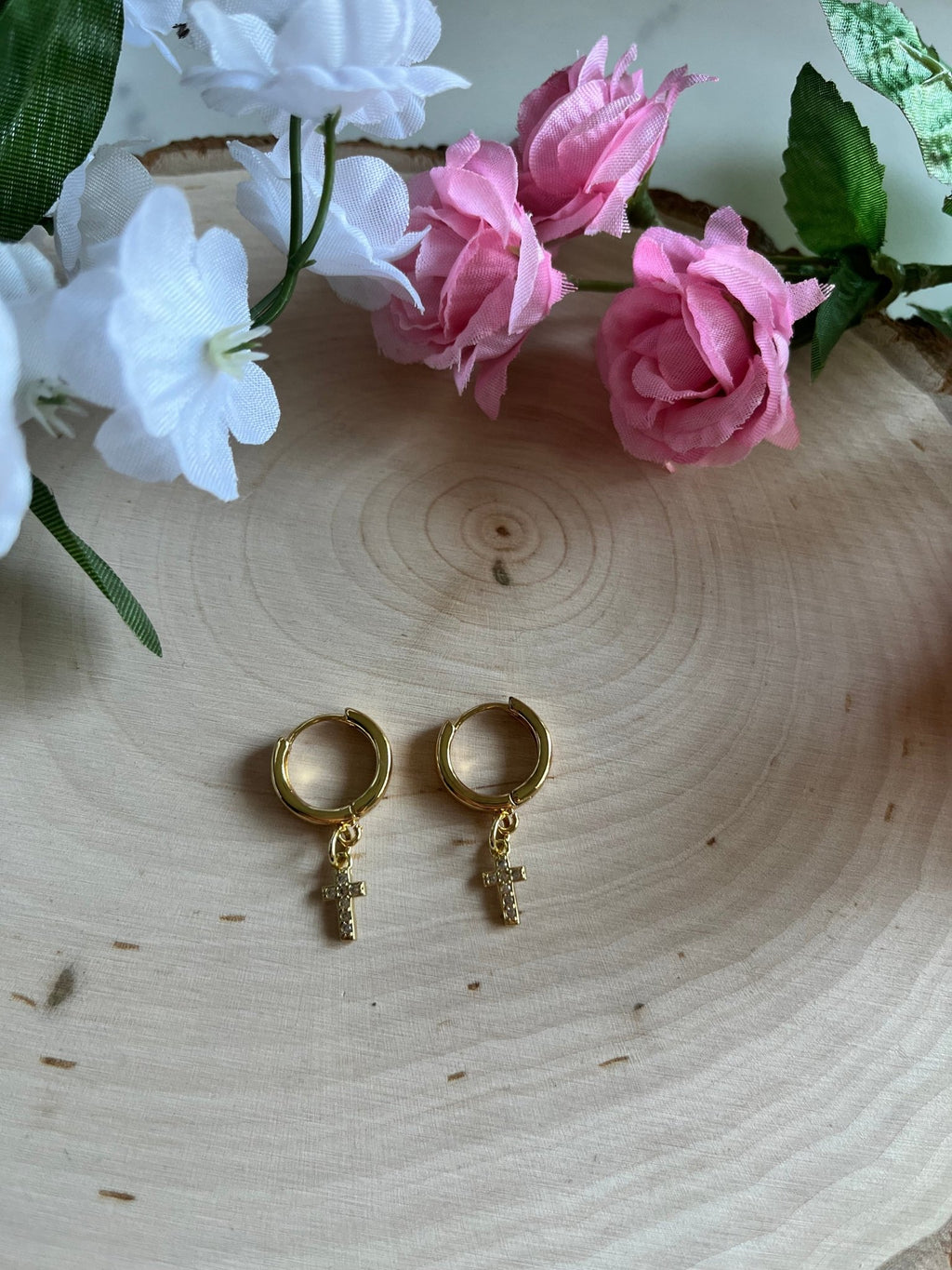 Gold Earrings 18K Cross Christian Jewelry - Two & Gathered