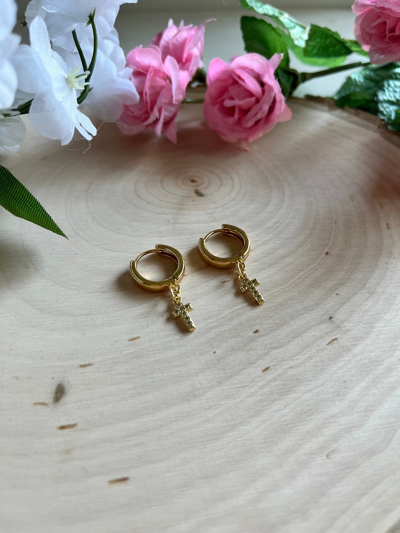Gold Earrings 18K Cross Christian Jewelry - Two & Gathered