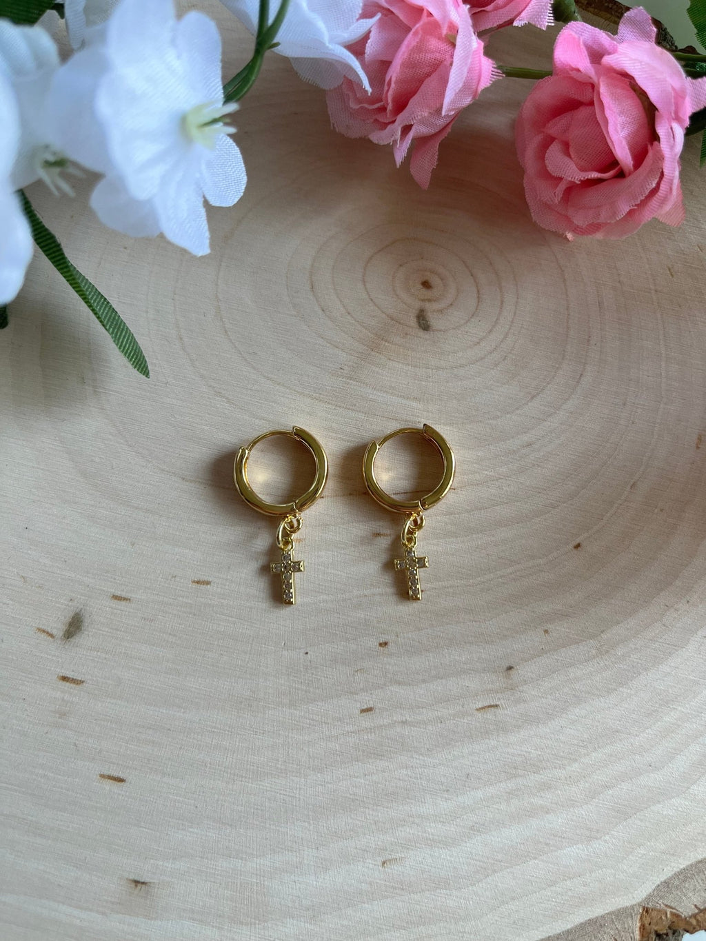 Gold Earrings 18K Cross Christian Jewelry - Two & Gathered