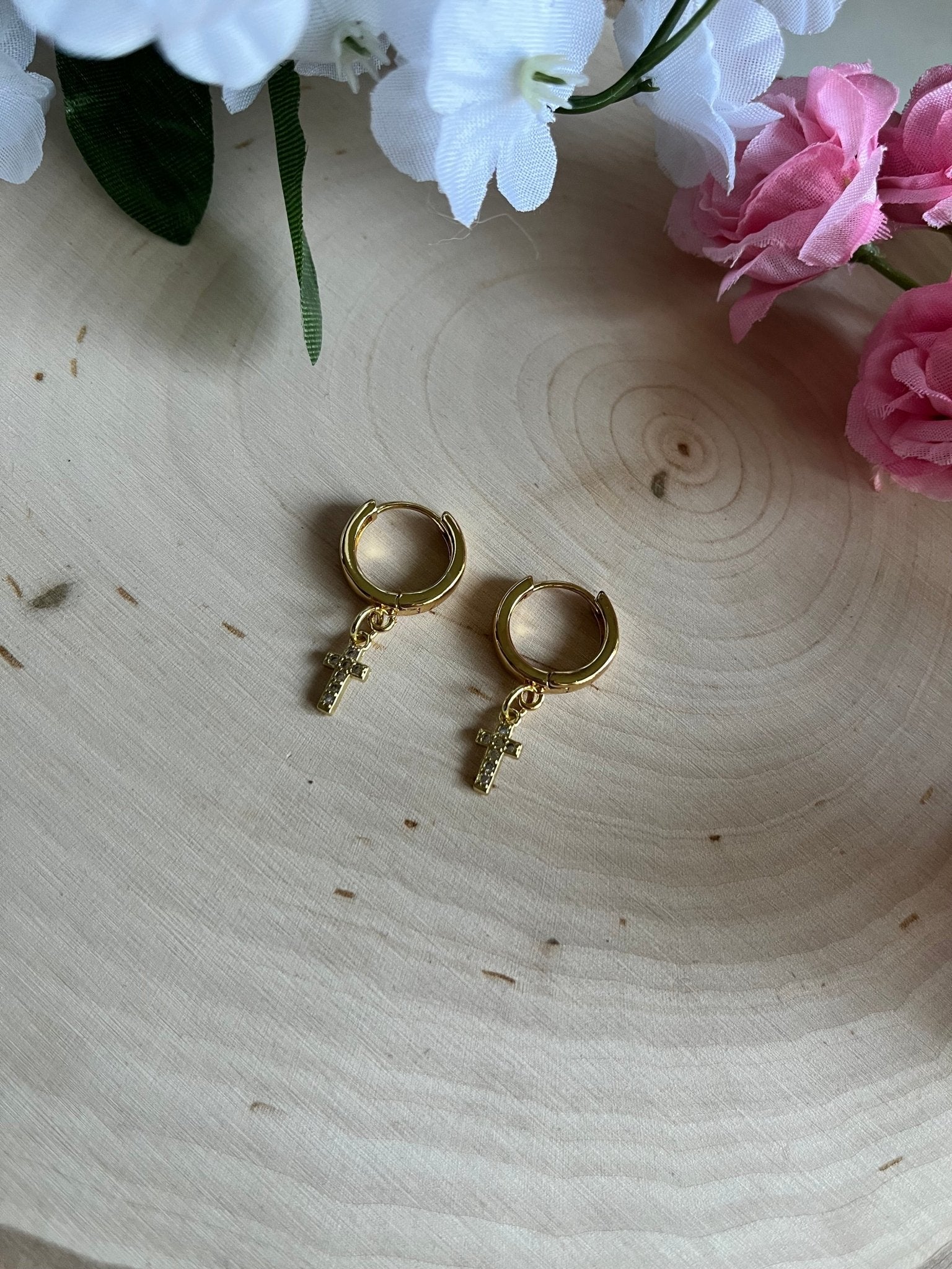 Gold Earrings 18K Cross Christian Jewelry - Two & Gathered