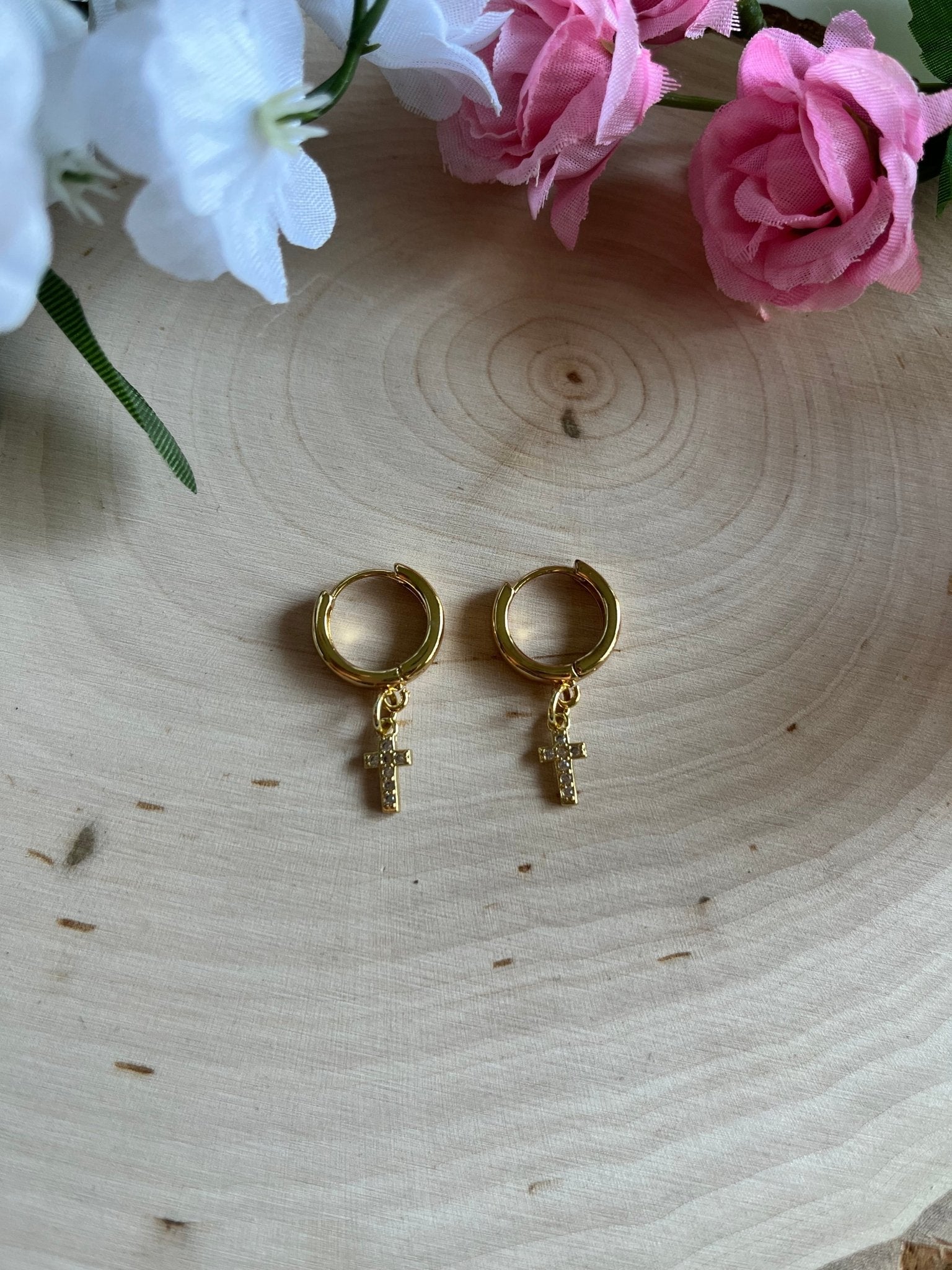 Gold Earrings 18K Cross Christian Jewelry - Two & Gathered