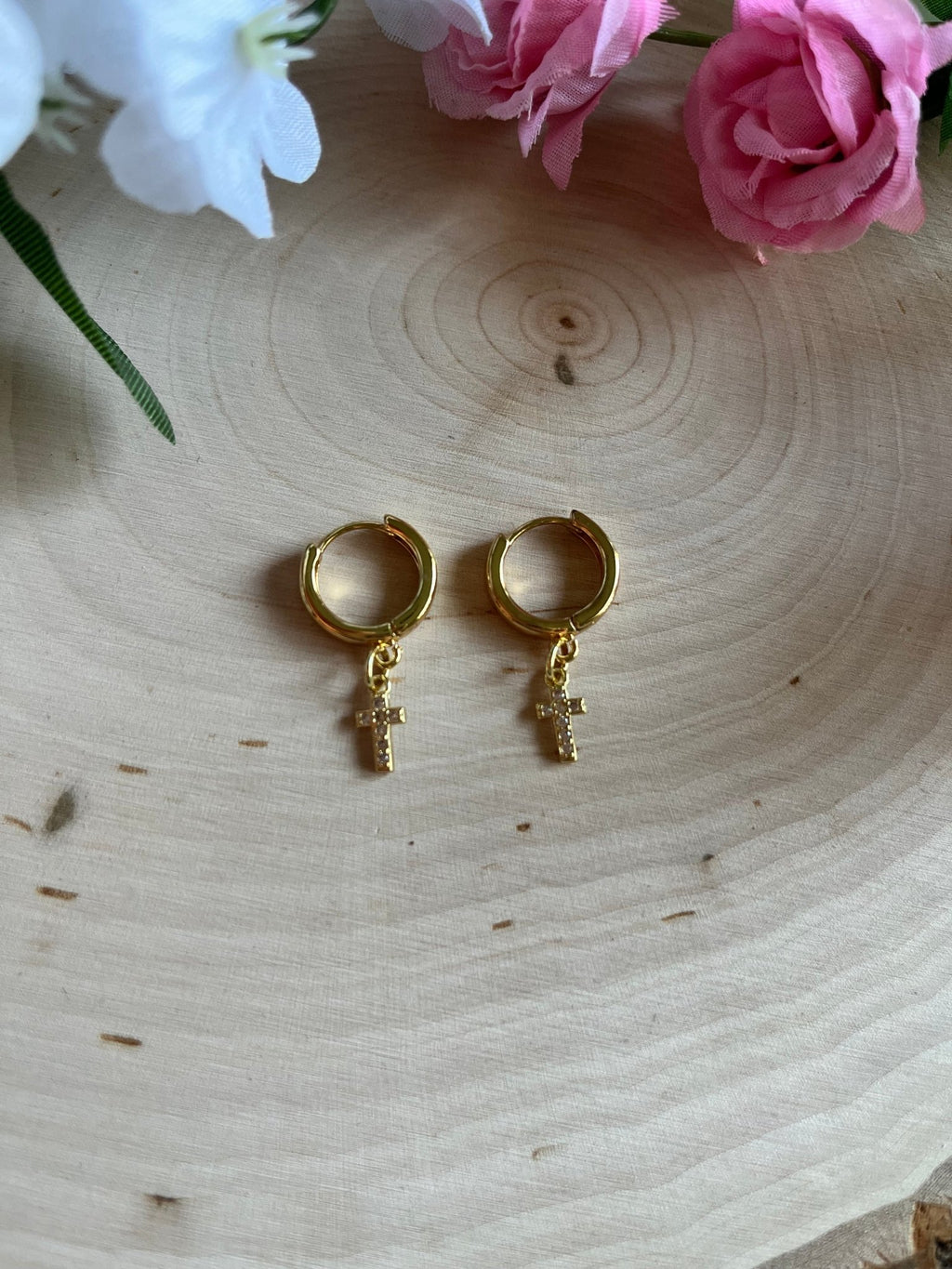 Gold Earrings 18K Cross Christian Jewelry - Two & Gathered