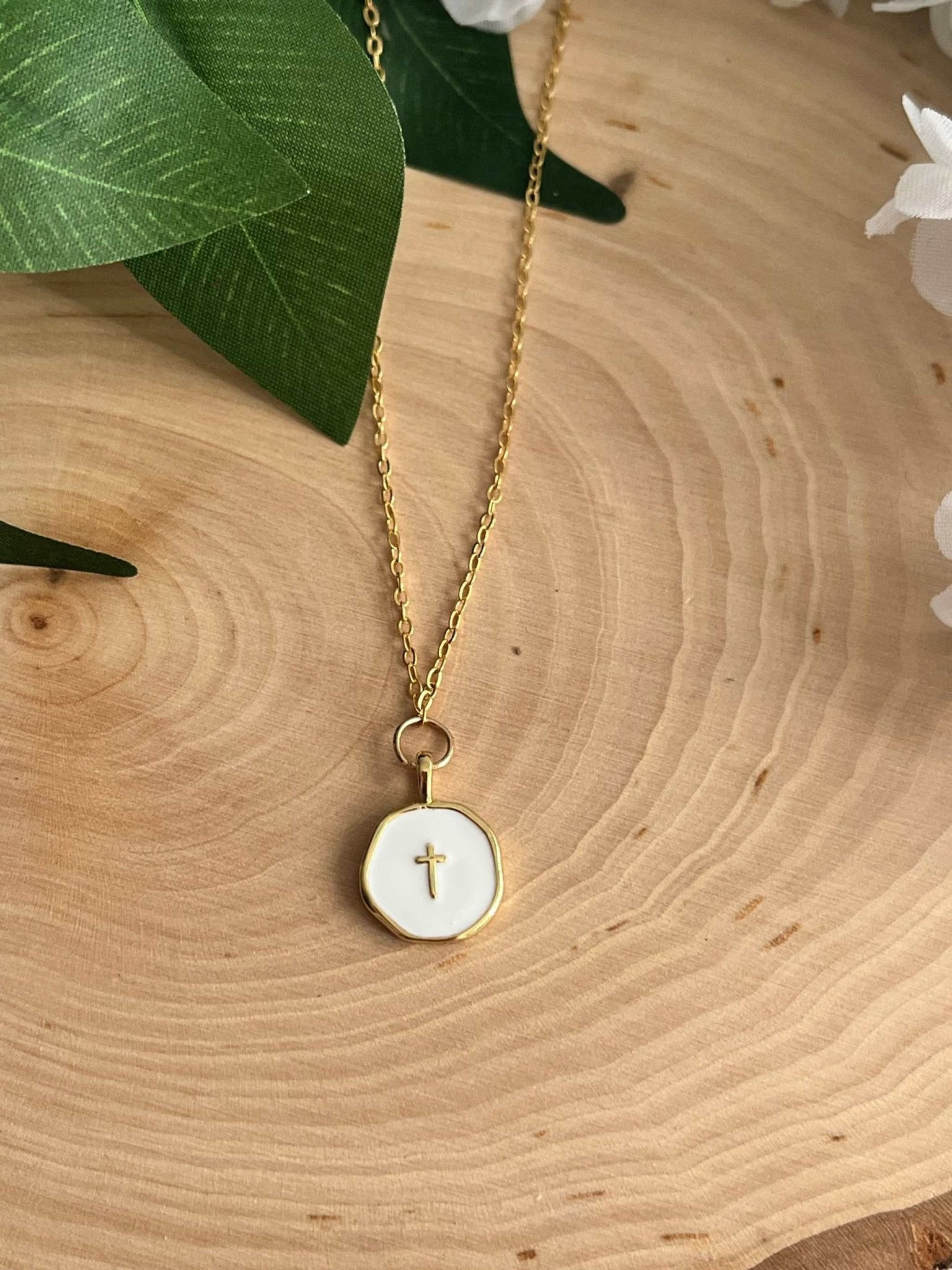 Gold Necklace 18K White Cross Pendant - Two & Gathered