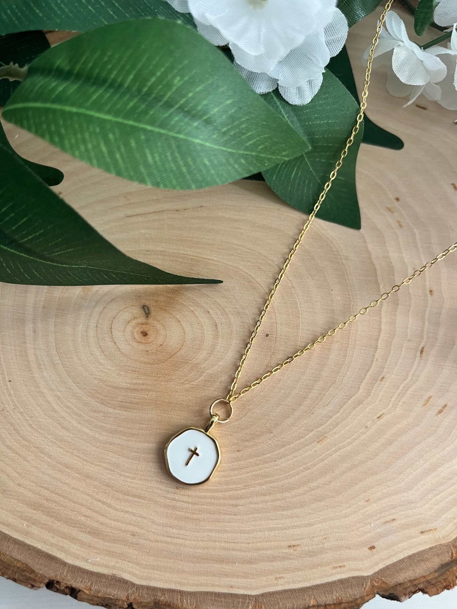 Gold Necklace 18K White Cross Pendant - Two & Gathered