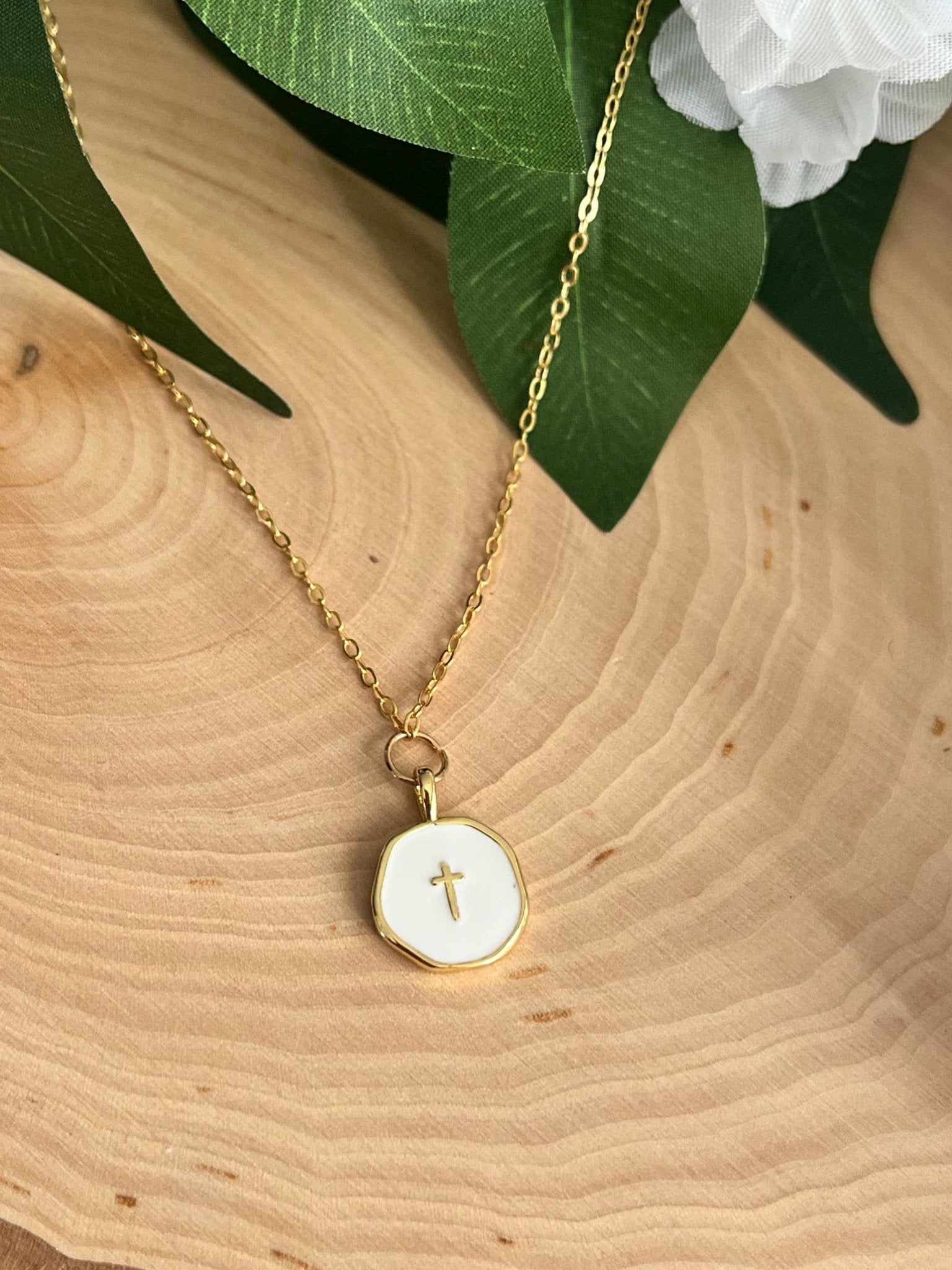 Gold Necklace 18K White Cross Pendant - Two & Gathered