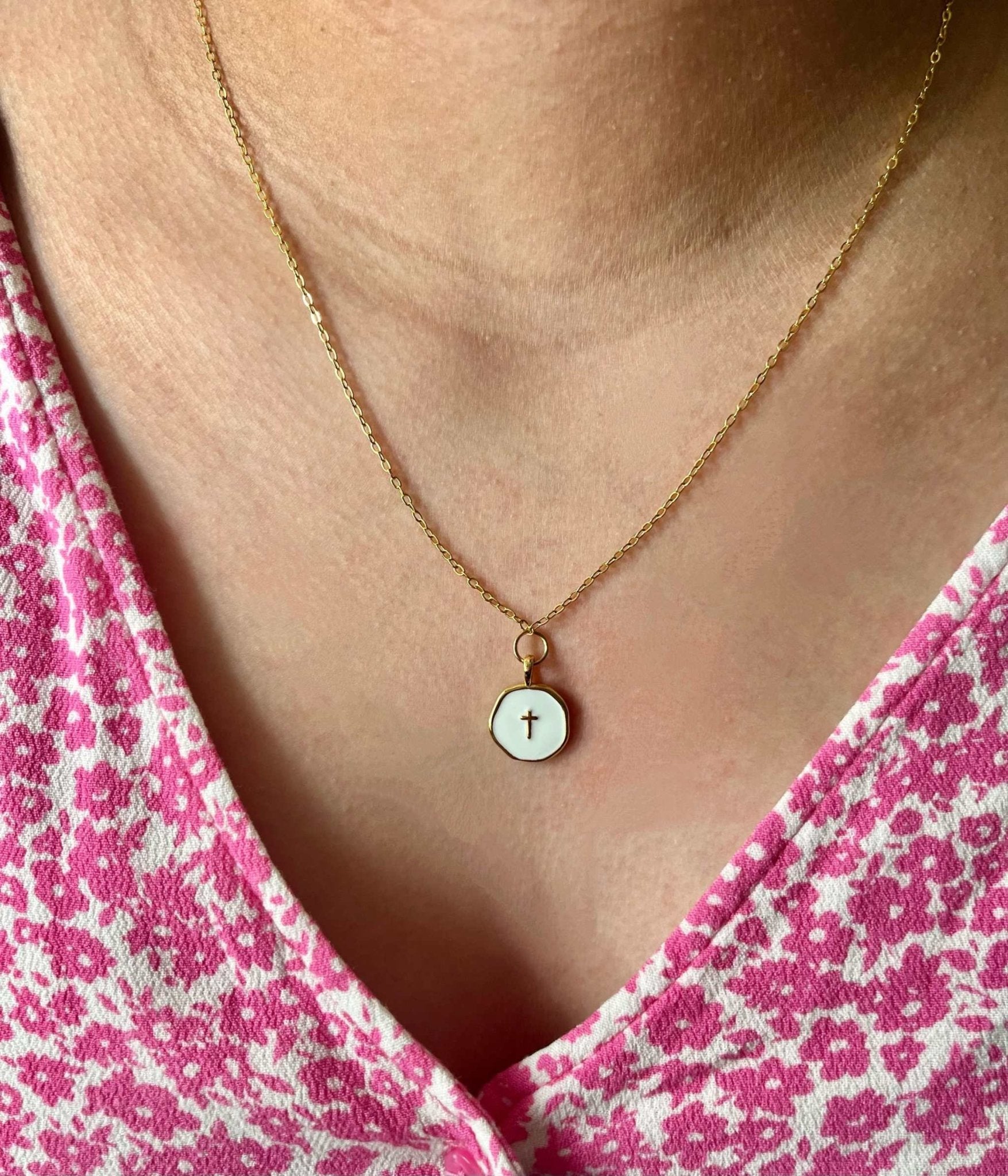 Gold Necklace 18K White Cross Pendant - Two & Gathered