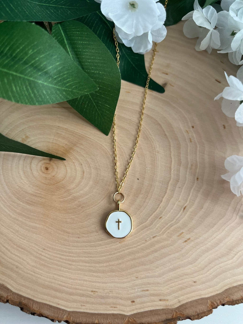 Gold Necklace 18K White Cross Pendant - Two & Gathered