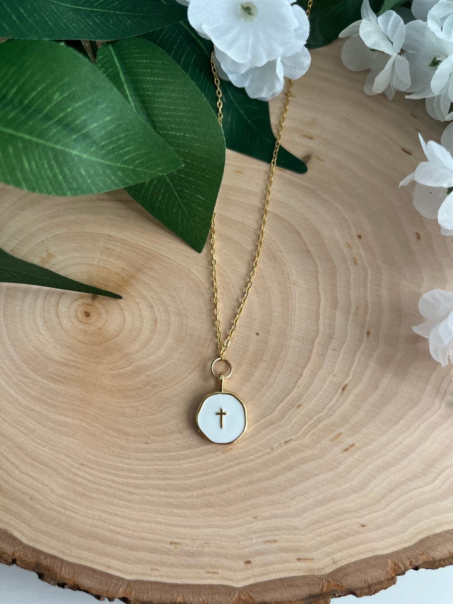 Gold Necklace 18K White Cross Pendant - Two & Gathered