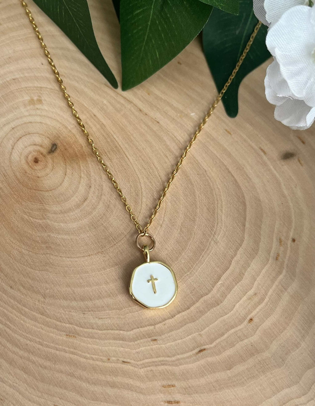 Gold Necklace 18K White Cross Pendant - Two & Gathered