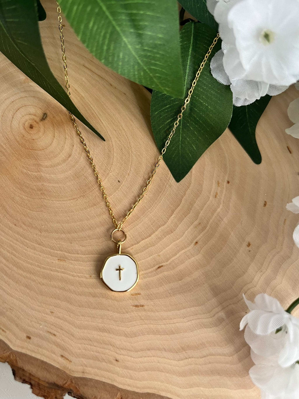 Gold Necklace 18K White Cross Pendant - Two & Gathered
