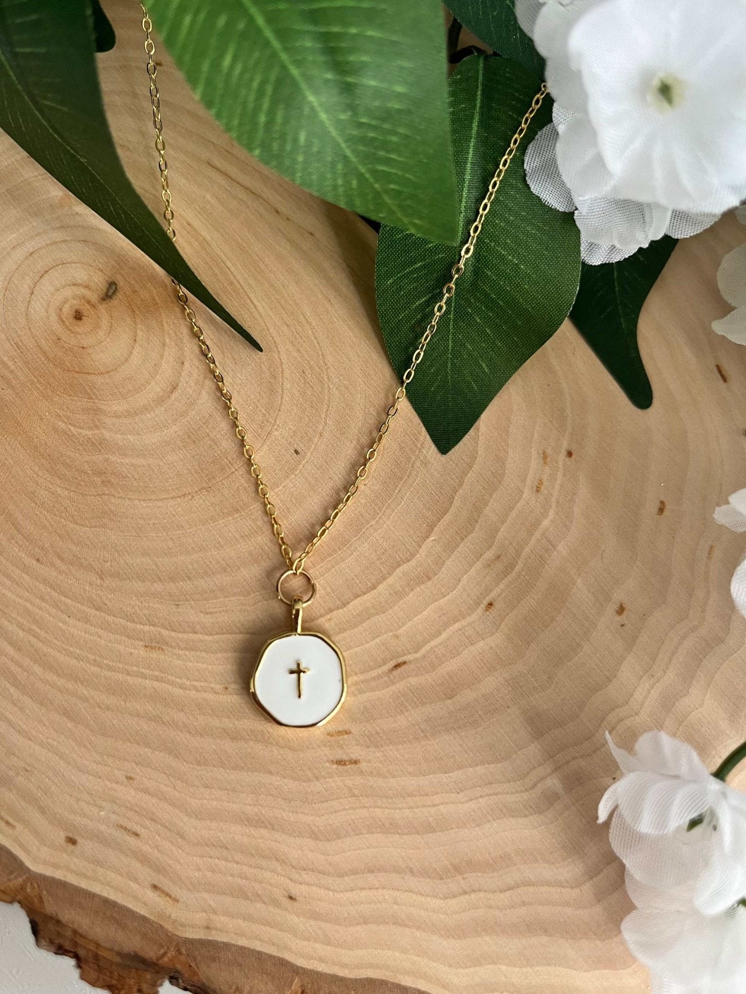 Gold Necklace 18K White Cross Pendant - Two & Gathered