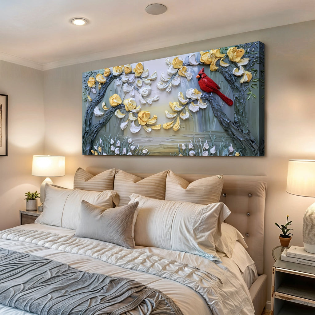 Golden Petals and Scarlet Wings Impasto Wall Art - Two & Gathered
