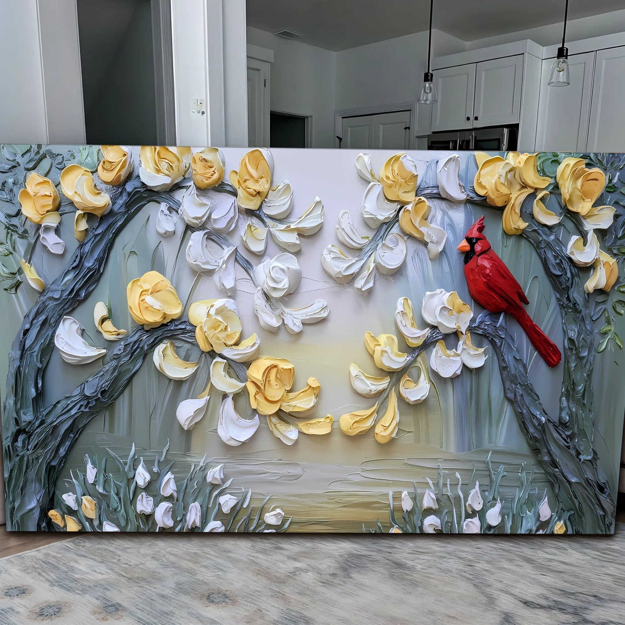Golden Petals and Scarlet Wings Impasto Wall Art - Two & Gathered