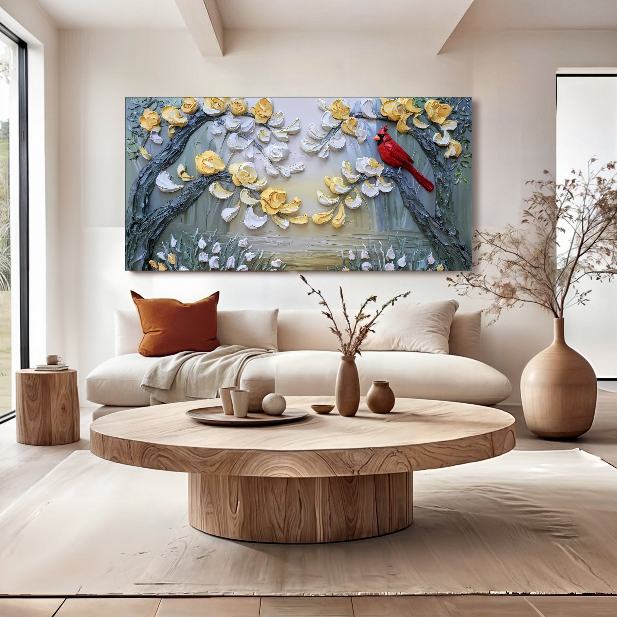 Golden Petals and Scarlet Wings Impasto Wall Art - Two & Gathered