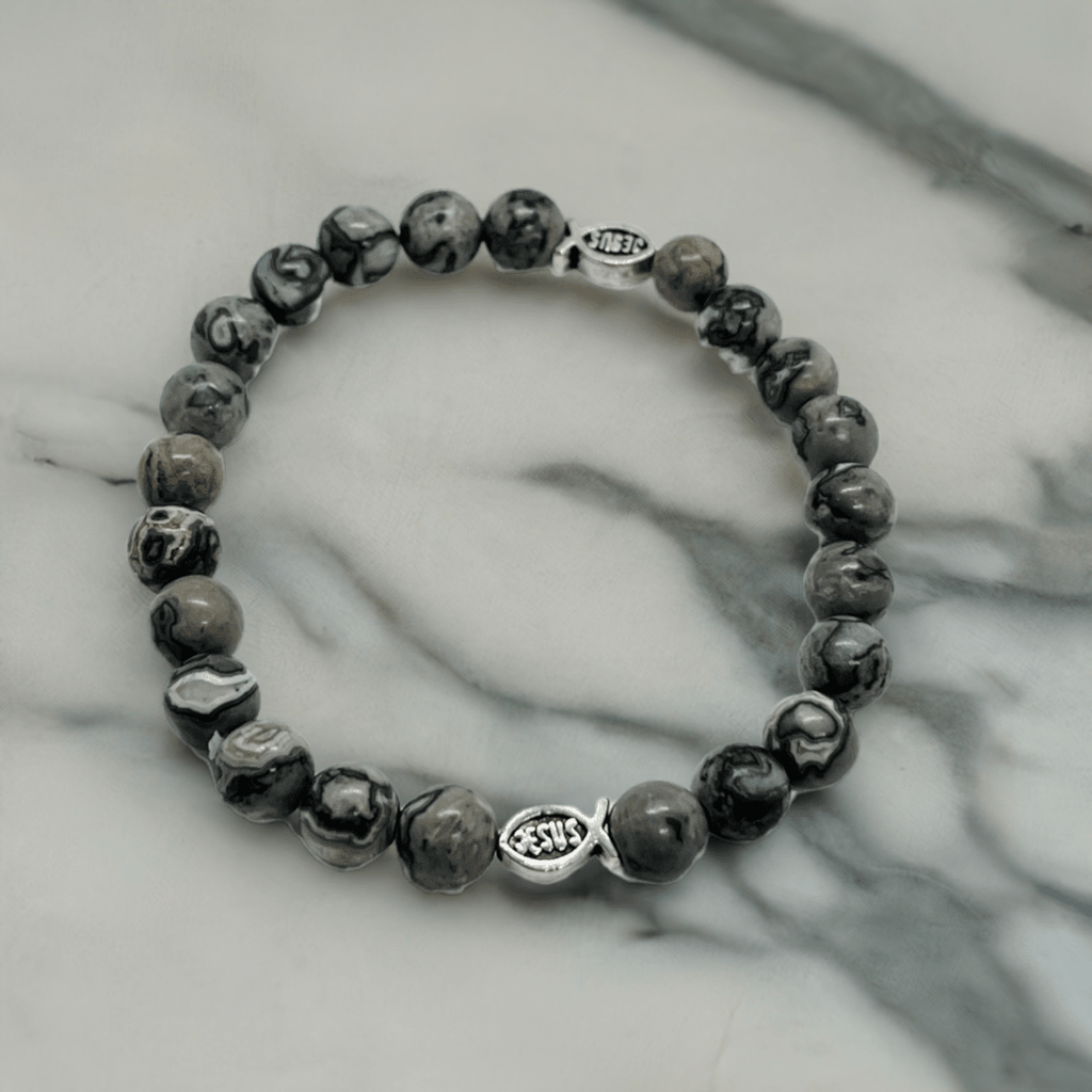 Gray Marble Jesus Fish Bead Bracelet - Unique Christian Jewelry - Two & Gathered