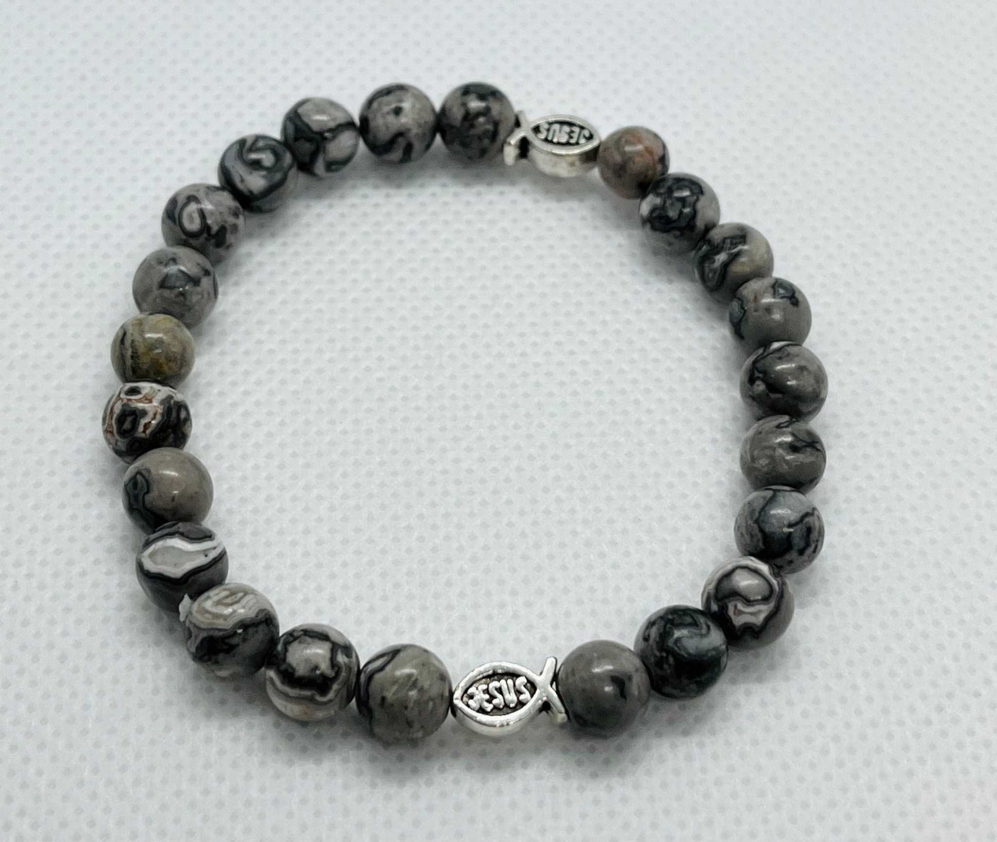 Gray Marble Jesus Fish Bead Bracelet - Unique Christian Jewelry - Two & Gathered