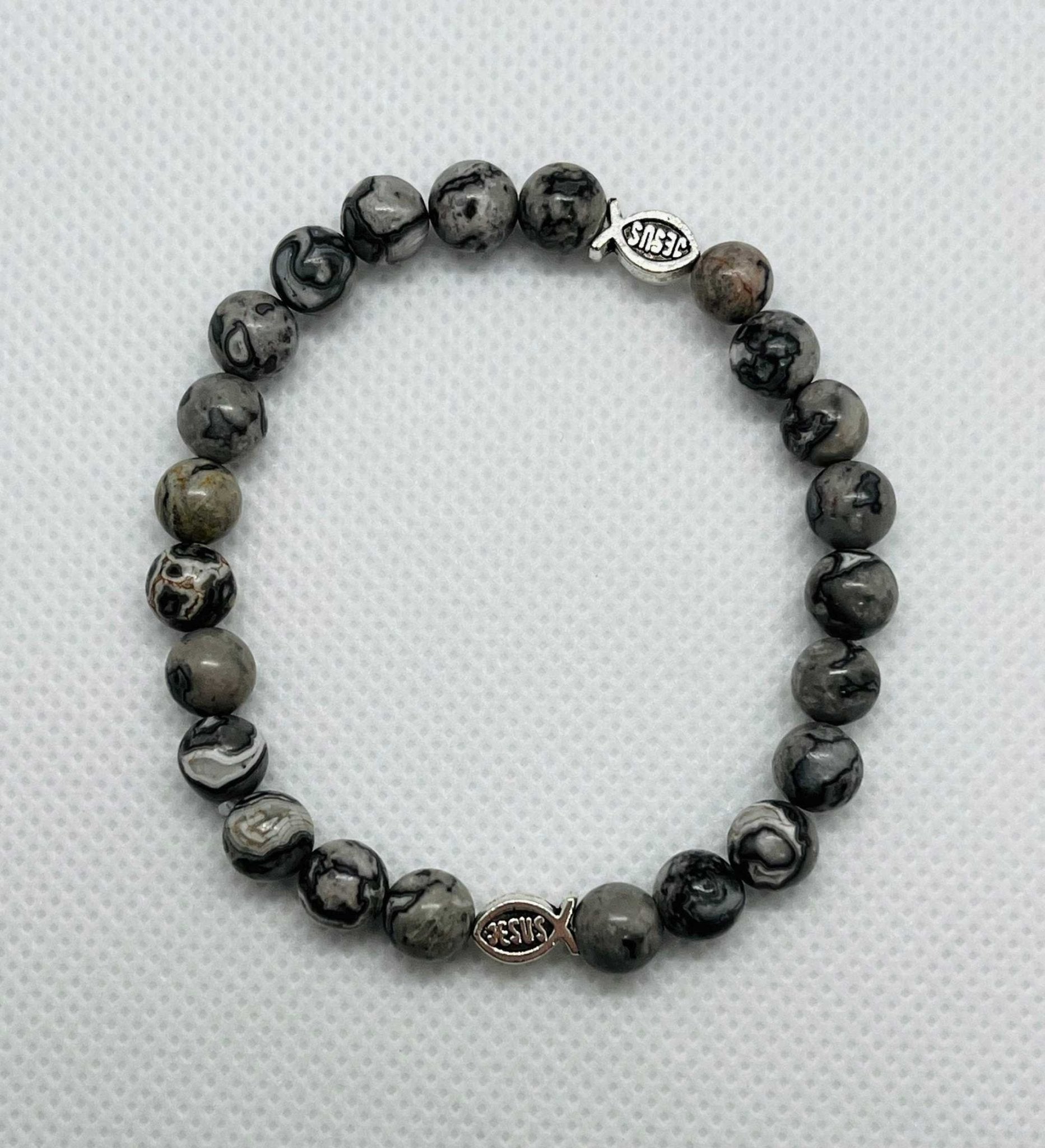 Gray Marble Jesus Fish Bead Bracelet - Unique Christian Jewelry - Two & Gathered