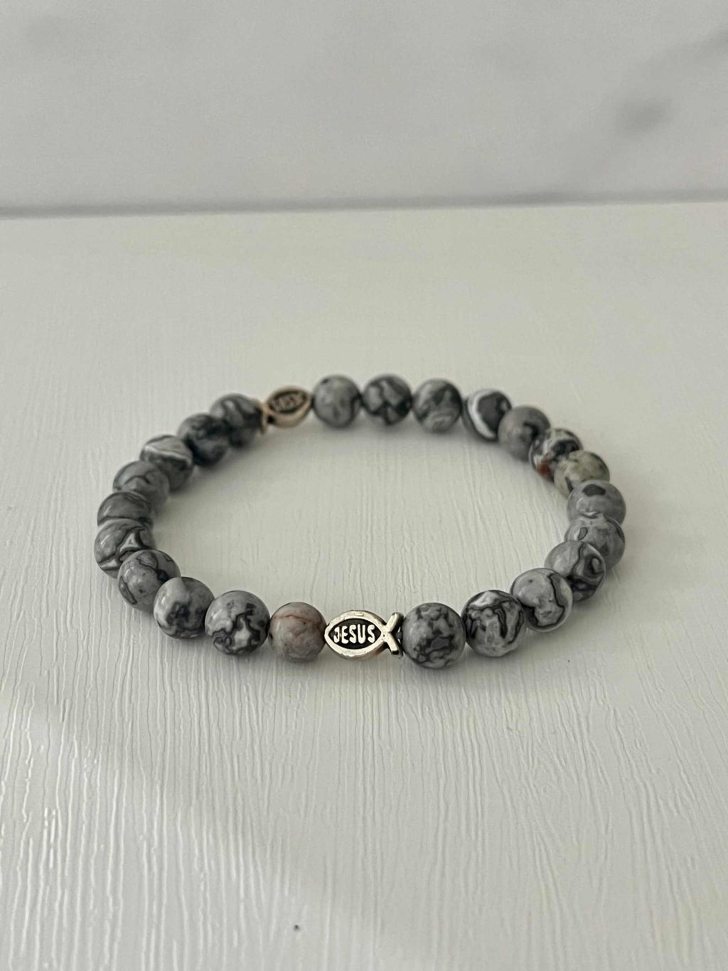 Gray Marble Jesus Fish Bead Bracelet - Unique Christian Jewelry - Two & Gathered