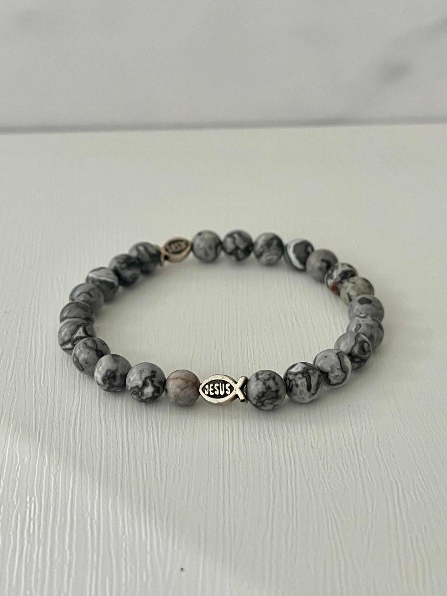 Gray Marble Jesus Fish Bead Bracelet - Unique Christian Jewelry - Two & Gathered