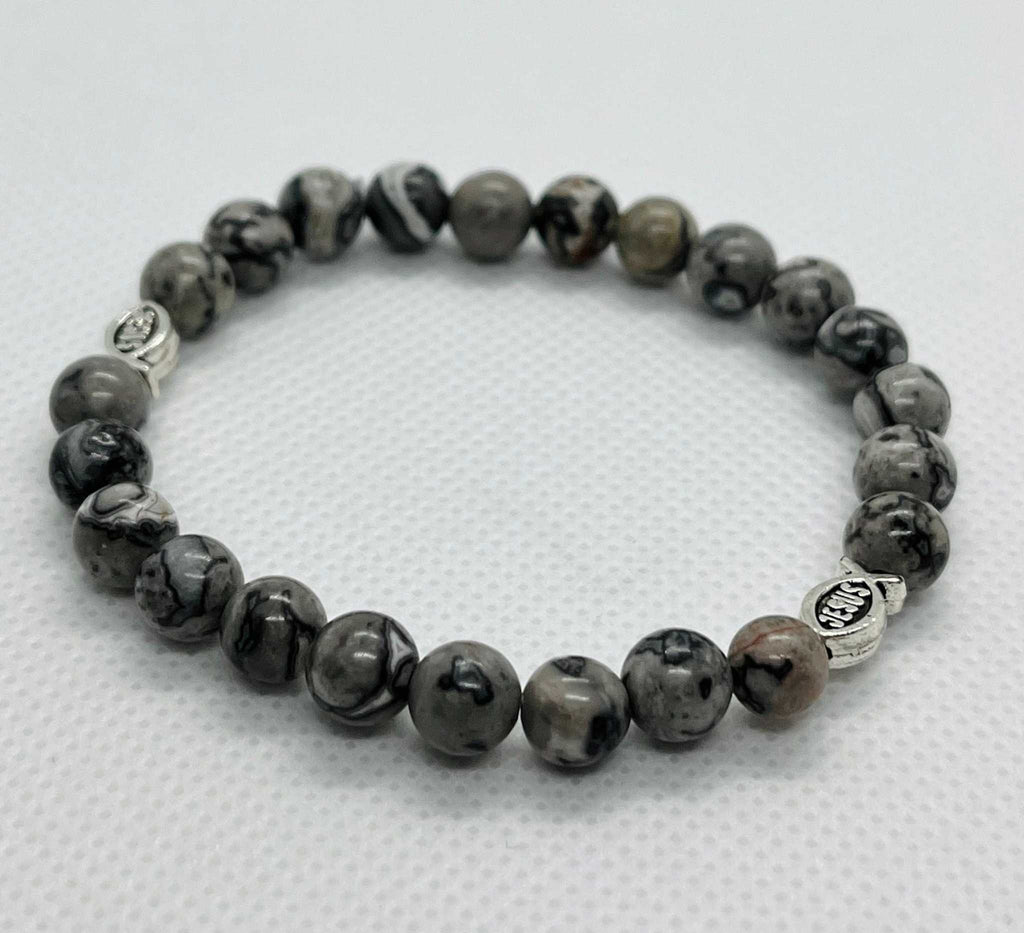Gray Marble Jesus Fish Bead Bracelet - Unique Christian Jewelry - Two & Gathered