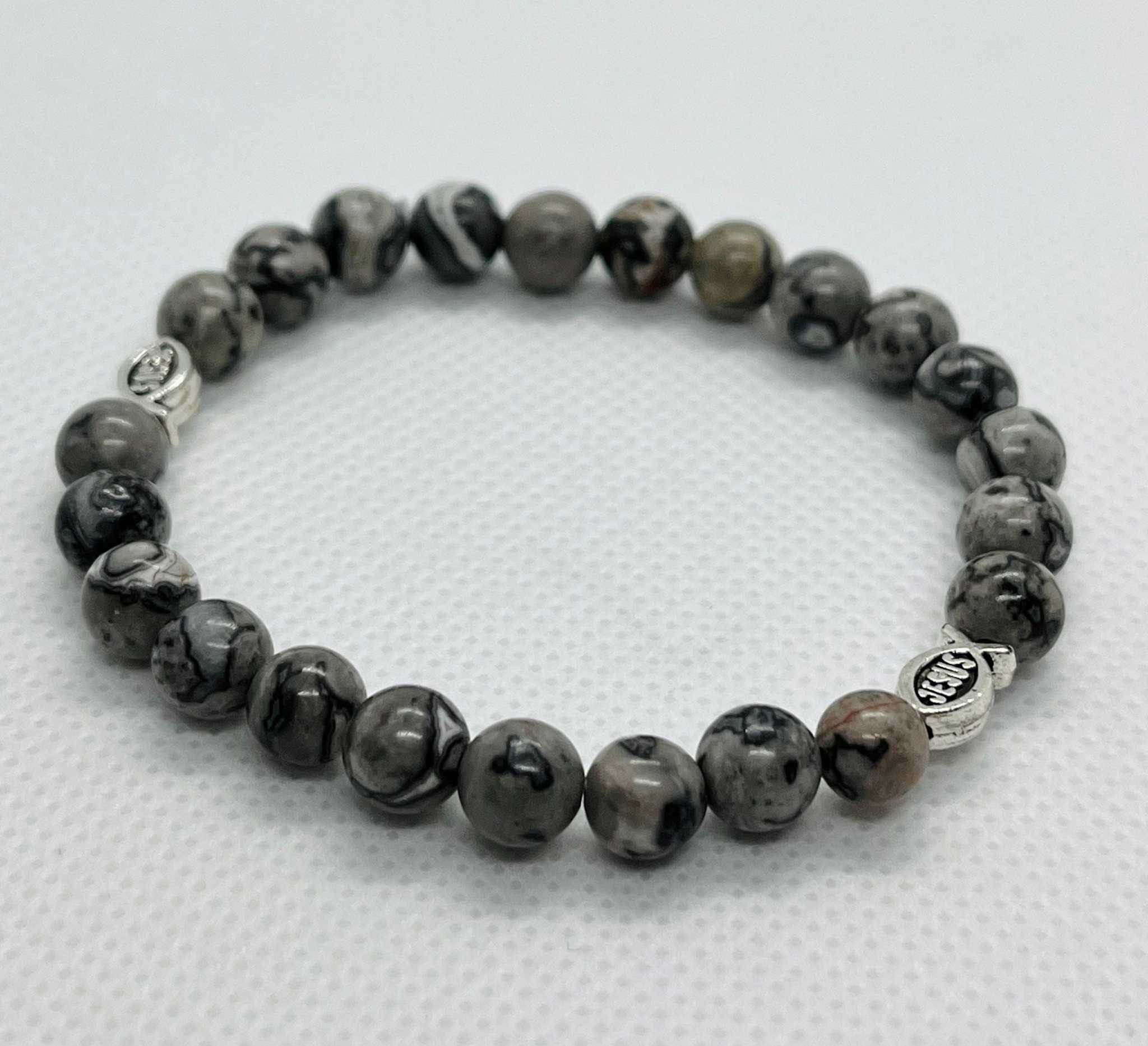 Gray Marble Jesus Fish Bead Bracelet - Unique Christian Jewelry - Two & Gathered