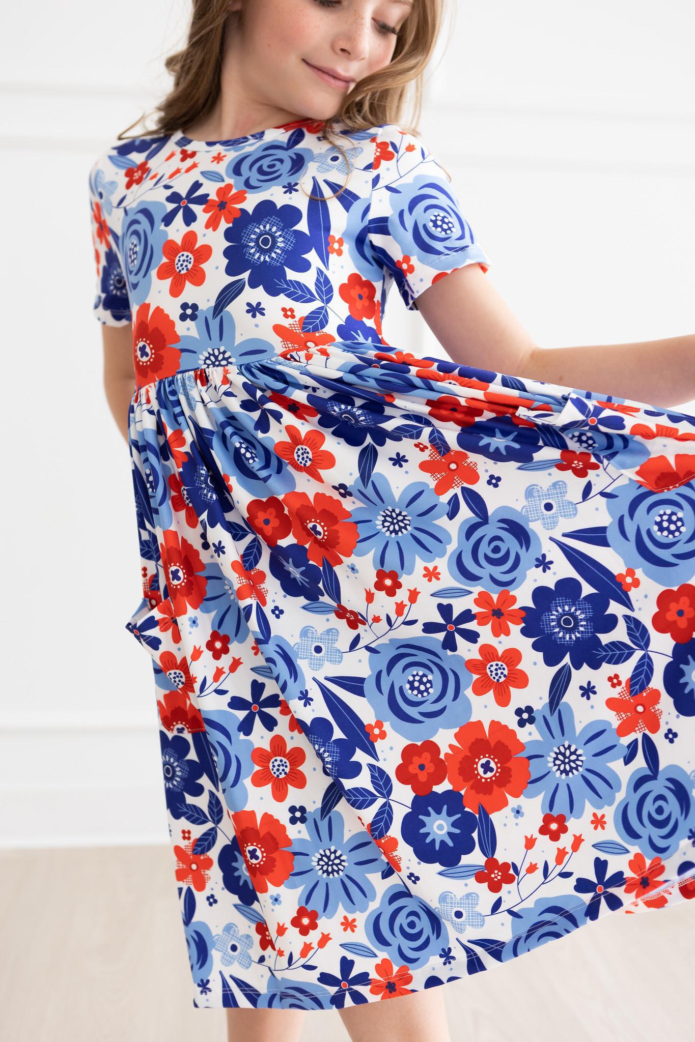 Happy 4th Floral Floral S/S Pocket Twirl Dress - Two & Gathered