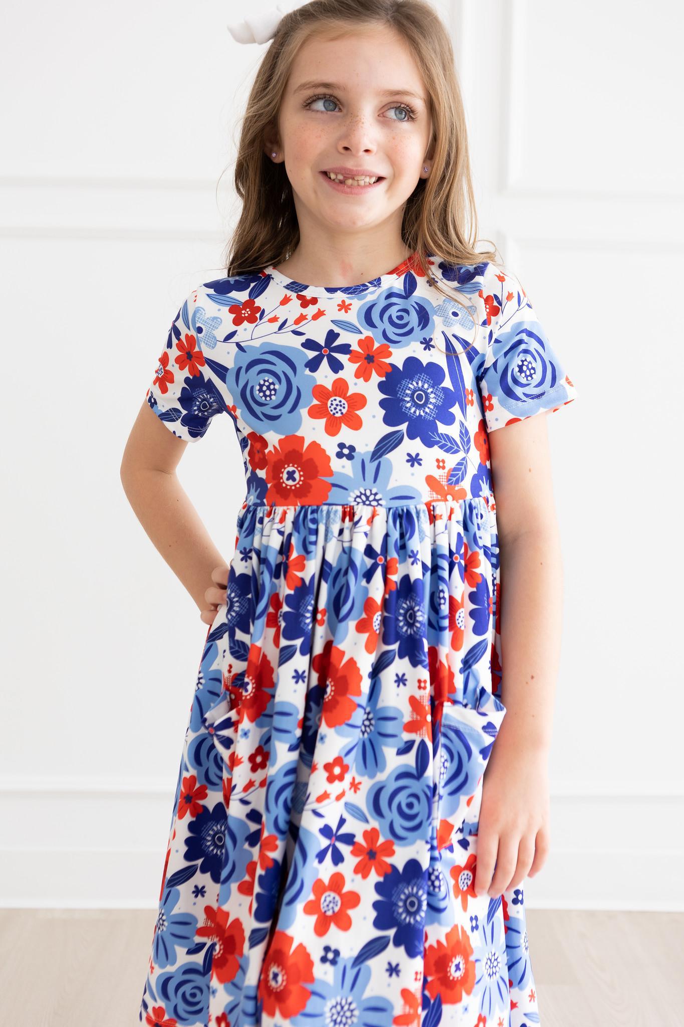 Happy 4th Floral Floral S/S Pocket Twirl Dress - Two & Gathered