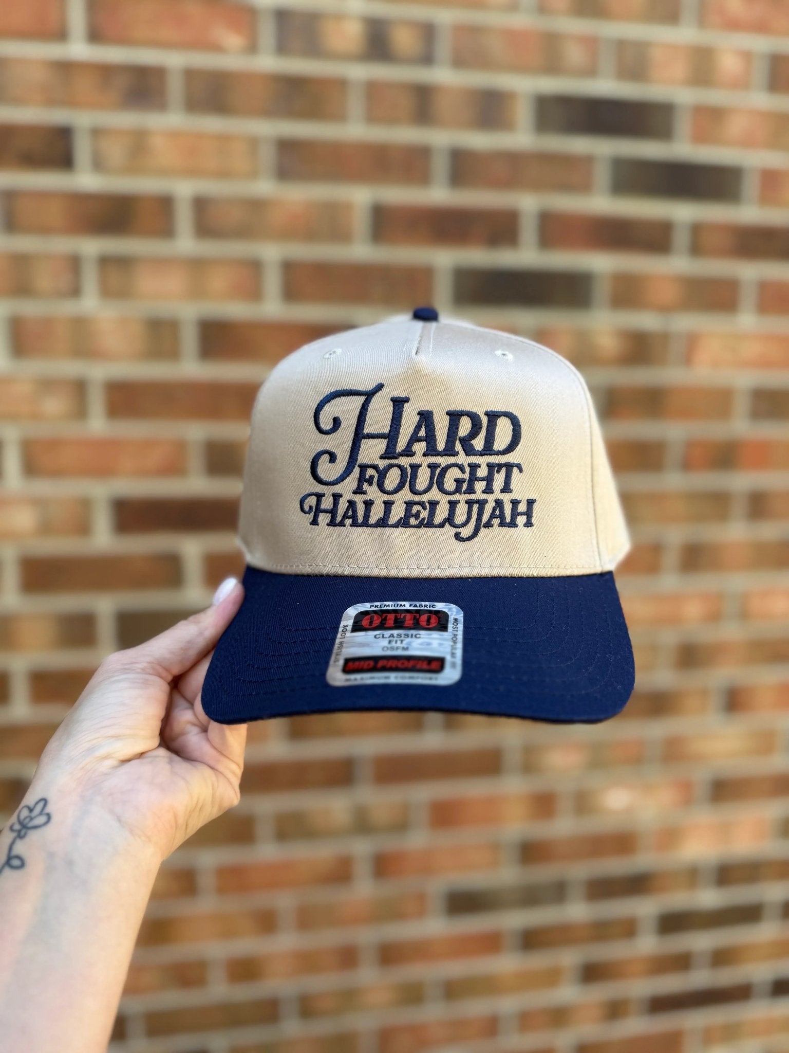 Hard Fought Hallelujah Embroidered Hat | Two Tone Trucker Hat | Faith Hat | Christian Gift | Puff Embroidery | Retro Baseball Cap - Two & Gathered